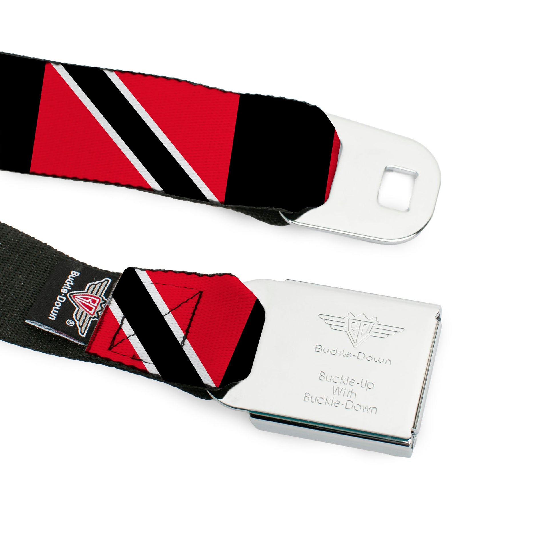BD Wings Logo CLOSE-UP Full Color Black Silver Seatbelt Belt - Trinidad & Tobago Flags/Black Block Webbing Seatbelt Belts Buckle-Down