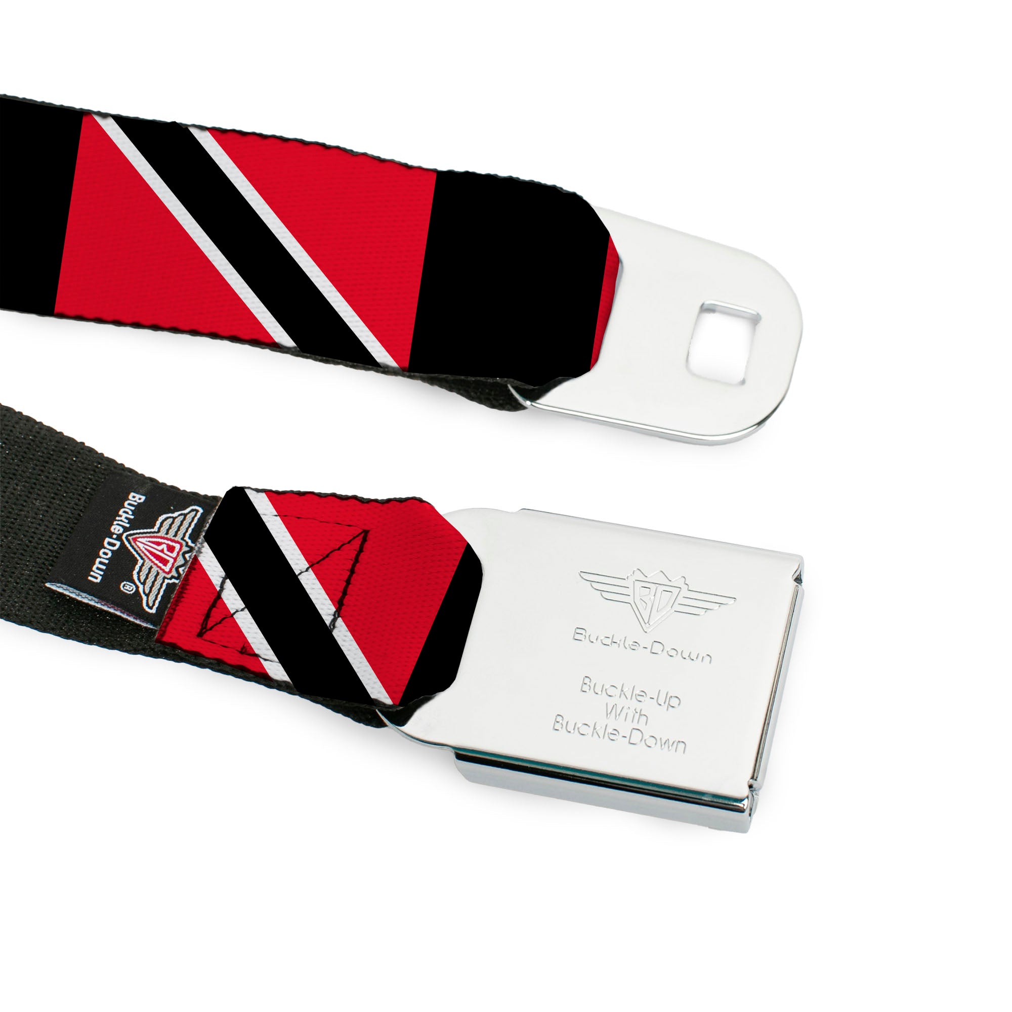 BD Wings Logo CLOSE-UP Full Color Black Silver Seatbelt Belt - Trinidad & Tobago Flags/Black Block Webbing Seatbelt Belts Buckle-Down