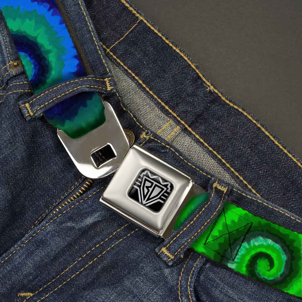 BD Wings Logo CLOSE-UP Full Color Black Silver Seatbelt Belt - Tie Dye Swirl Green/Blue/Purple Webbing Seatbelt Belts Buckle-Down