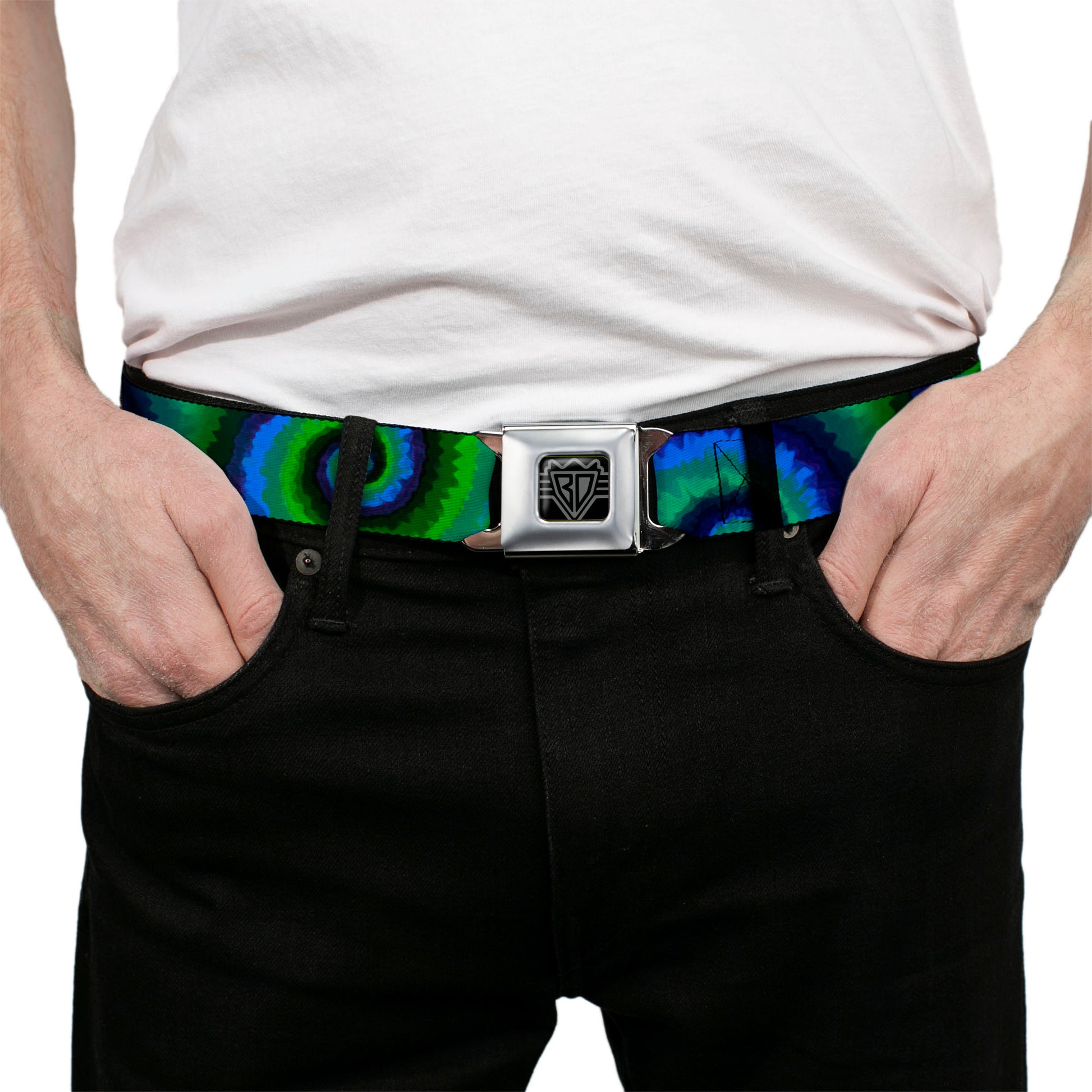 BD Wings Logo CLOSE-UP Full Color Black Silver Seatbelt Belt - Tie Dye Swirl Green/Blue/Purple Webbing Seatbelt Belts Buckle-Down