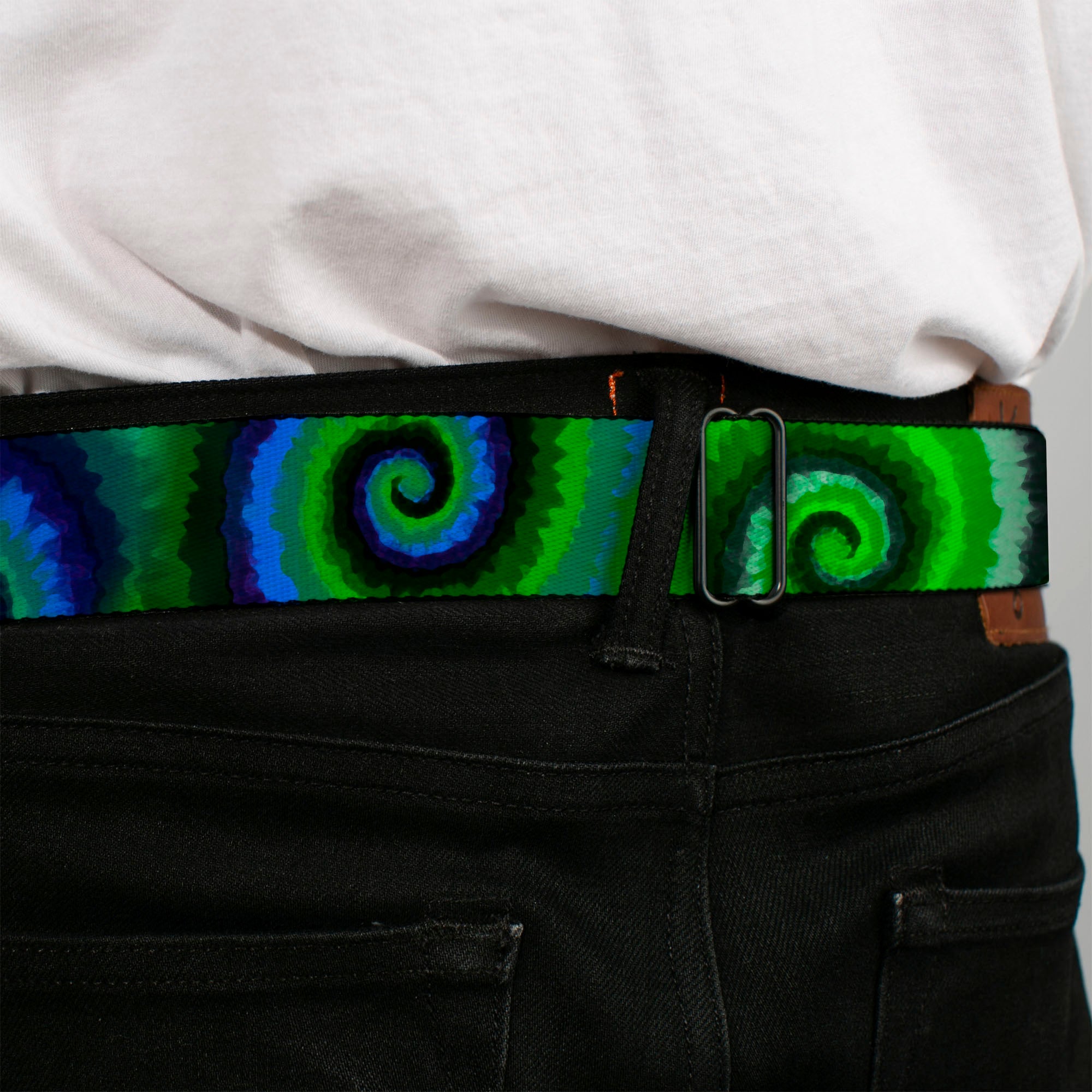 BD Wings Logo CLOSE-UP Full Color Black Silver Seatbelt Belt - Tie Dye Swirl Green/Blue/Purple Webbing Seatbelt Belts Buckle-Down