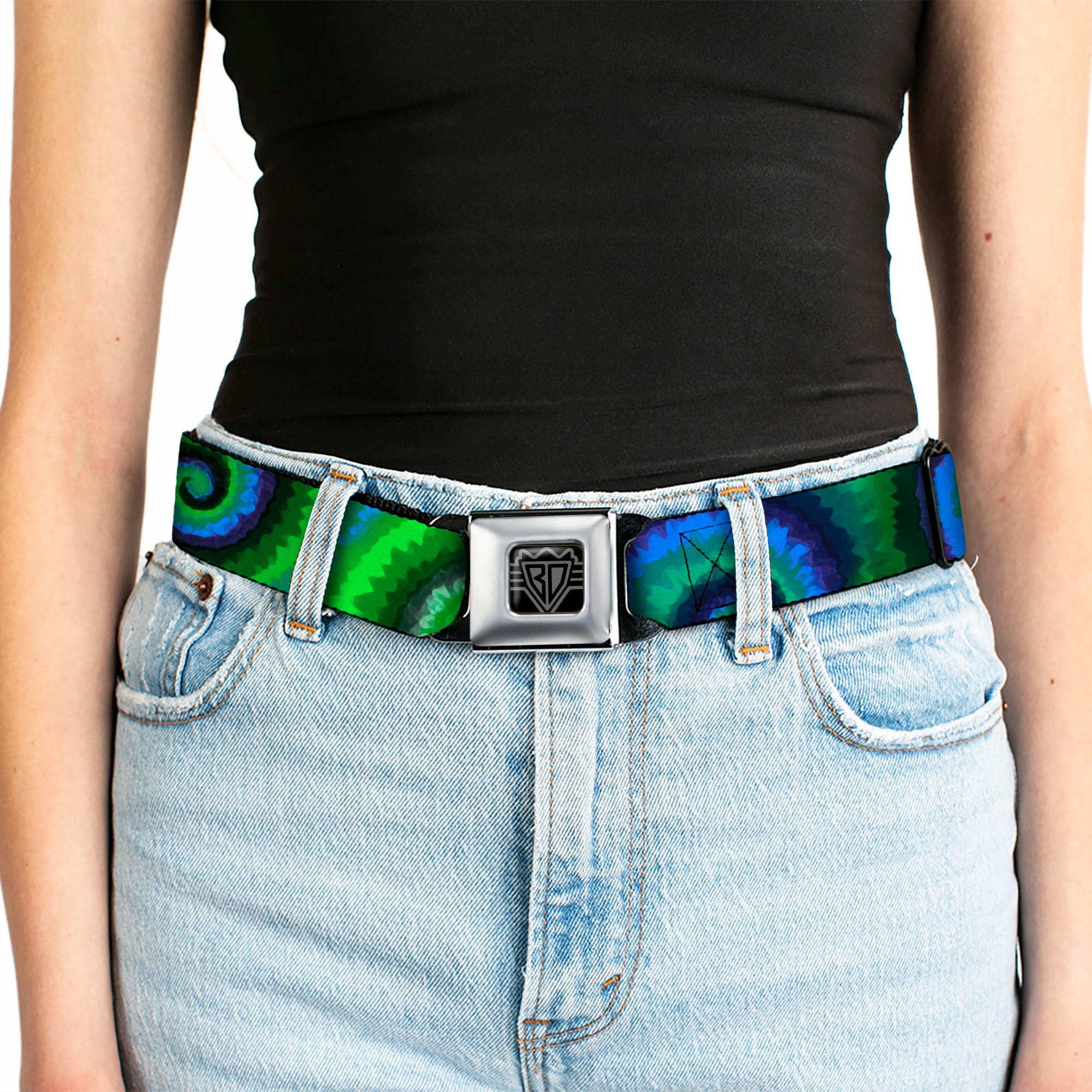 BD Wings Logo CLOSE-UP Full Color Black Silver Seatbelt Belt - Tie Dye Swirl Green/Blue/Purple Webbing Seatbelt Belts Buckle-Down