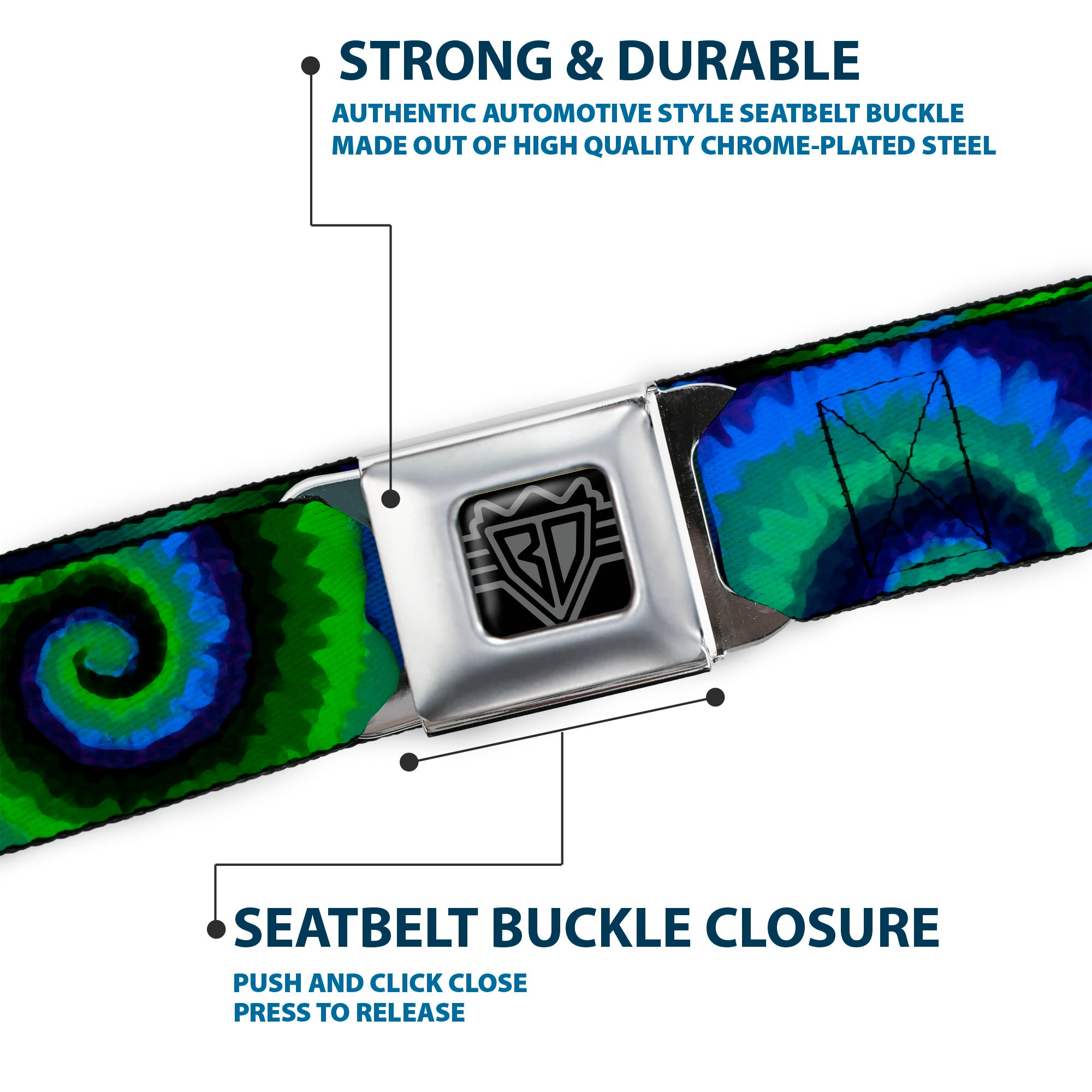 BD Wings Logo CLOSE-UP Full Color Black Silver Seatbelt Belt - Tie Dye Swirl Green/Blue/Purple Webbing Seatbelt Belts Buckle-Down