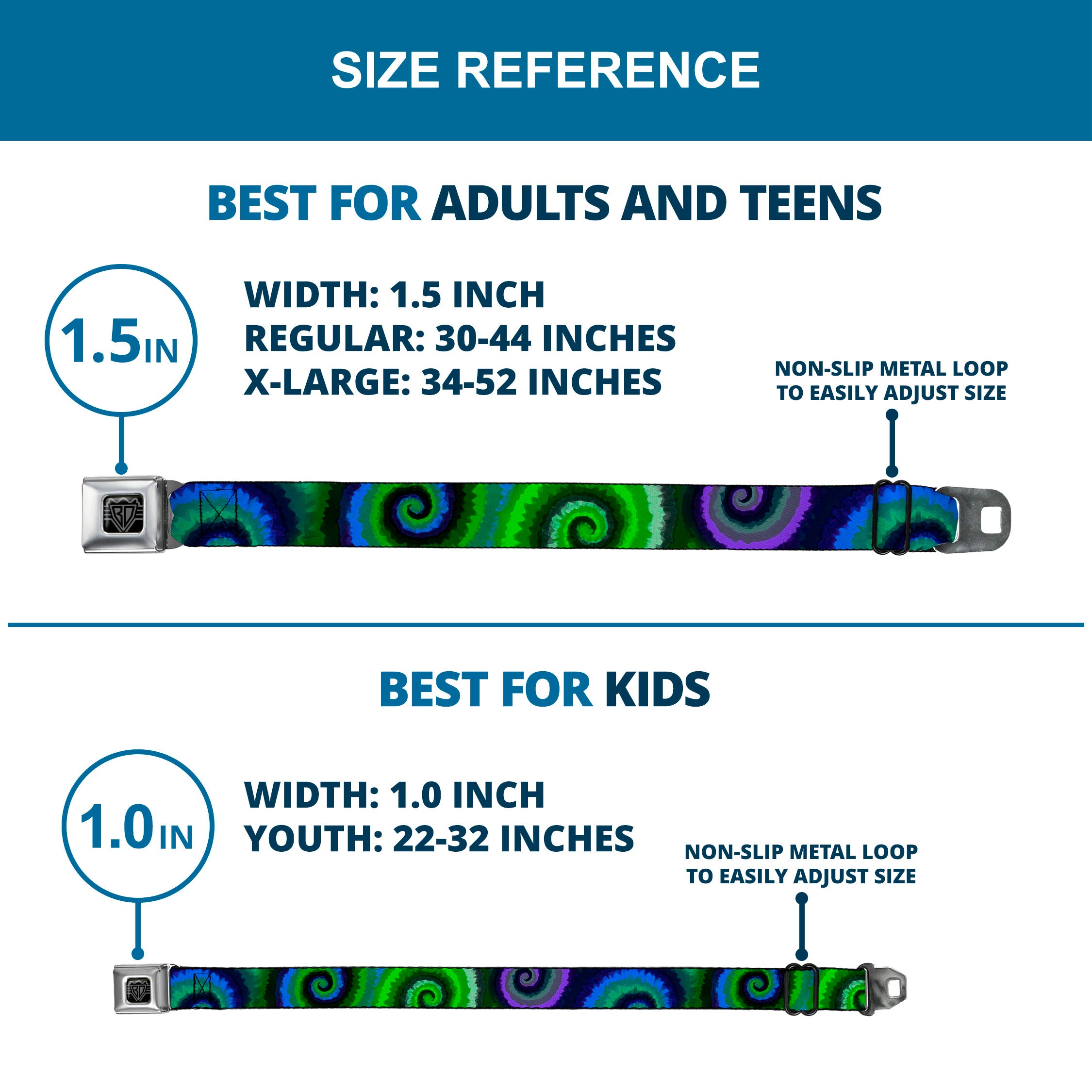 BD Wings Logo CLOSE-UP Full Color Black Silver Seatbelt Belt - Tie Dye Swirl Green/Blue/Purple Webbing Seatbelt Belts Buckle-Down