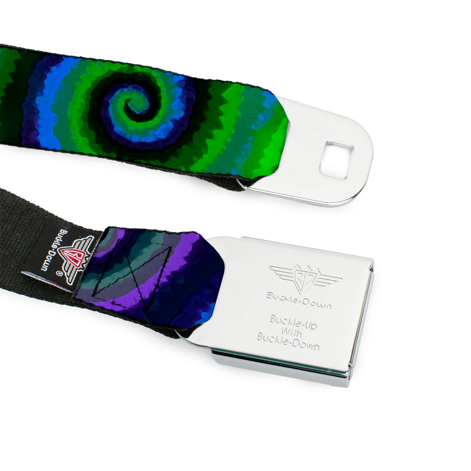 BD Wings Logo CLOSE-UP Full Color Black Silver Seatbelt Belt - Tie Dye Swirl Green/Blue/Purple Webbing Seatbelt Belts Buckle-Down