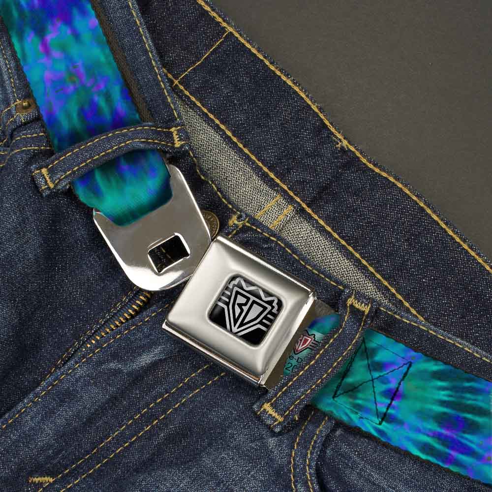 BD Wings Logo CLOSE-UP Full Color Black Silver Seatbelt Belt - Tie Dye Green/Blue/Purple Webbing Seatbelt Belts Buckle-Down