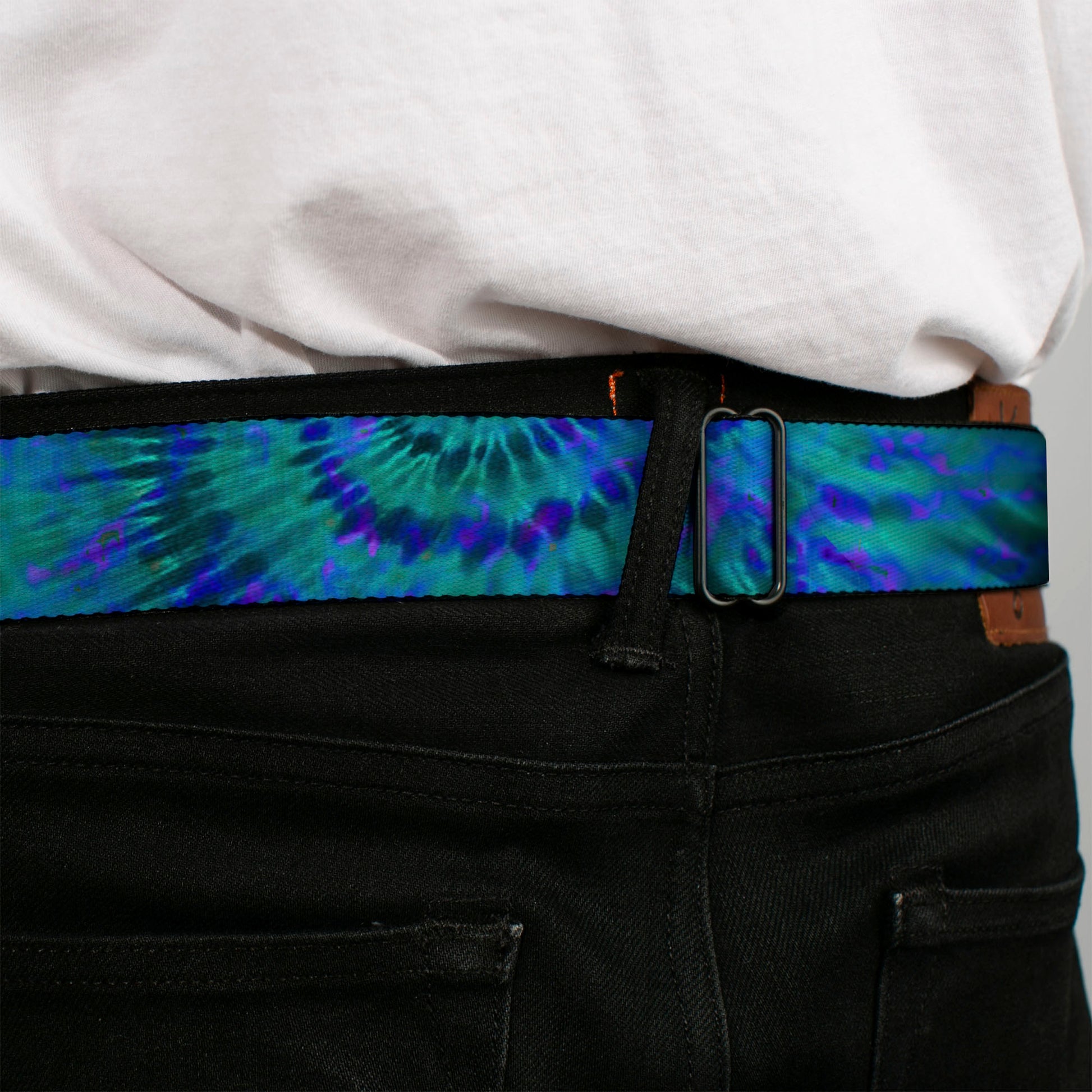 BD Wings Logo CLOSE-UP Full Color Black Silver Seatbelt Belt - Tie Dye Green/Blue/Purple Webbing Seatbelt Belts Buckle-Down