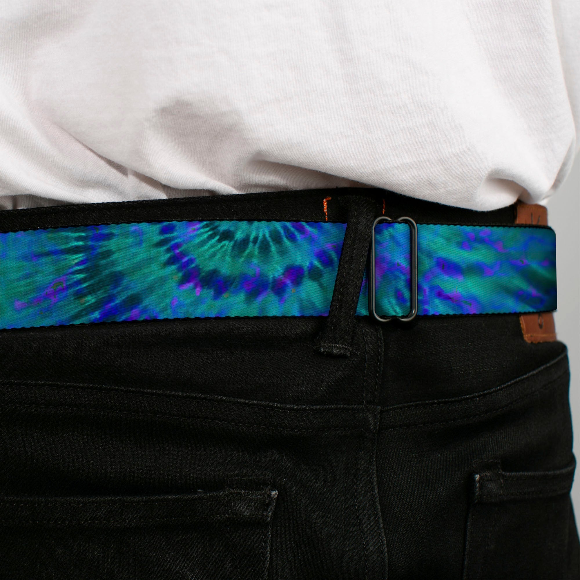 BD Wings Logo CLOSE-UP Full Color Black Silver Seatbelt Belt - Tie Dye Green/Blue/Purple Webbing Seatbelt Belts Buckle-Down