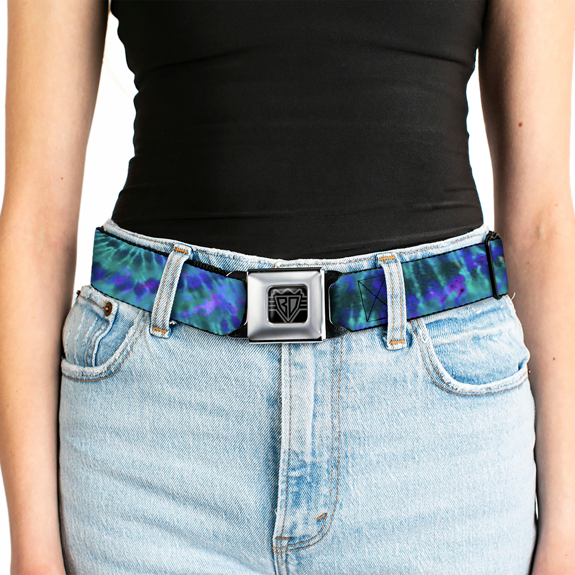 BD Wings Logo CLOSE-UP Full Color Black Silver Seatbelt Belt - Tie Dye Green/Blue/Purple Webbing Seatbelt Belts Buckle-Down