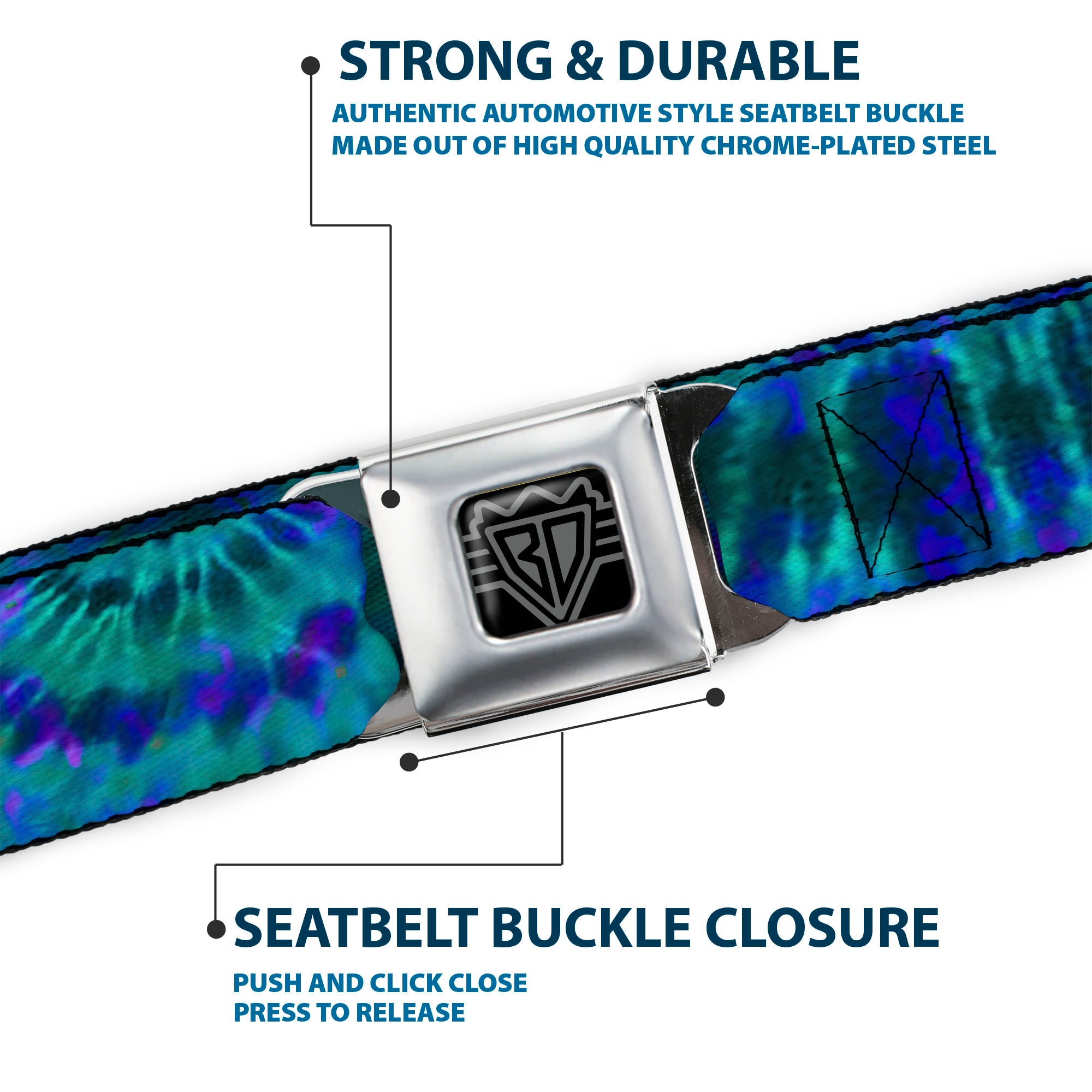 BD Wings Logo CLOSE-UP Full Color Black Silver Seatbelt Belt - Tie Dye Green/Blue/Purple Webbing Seatbelt Belts Buckle-Down