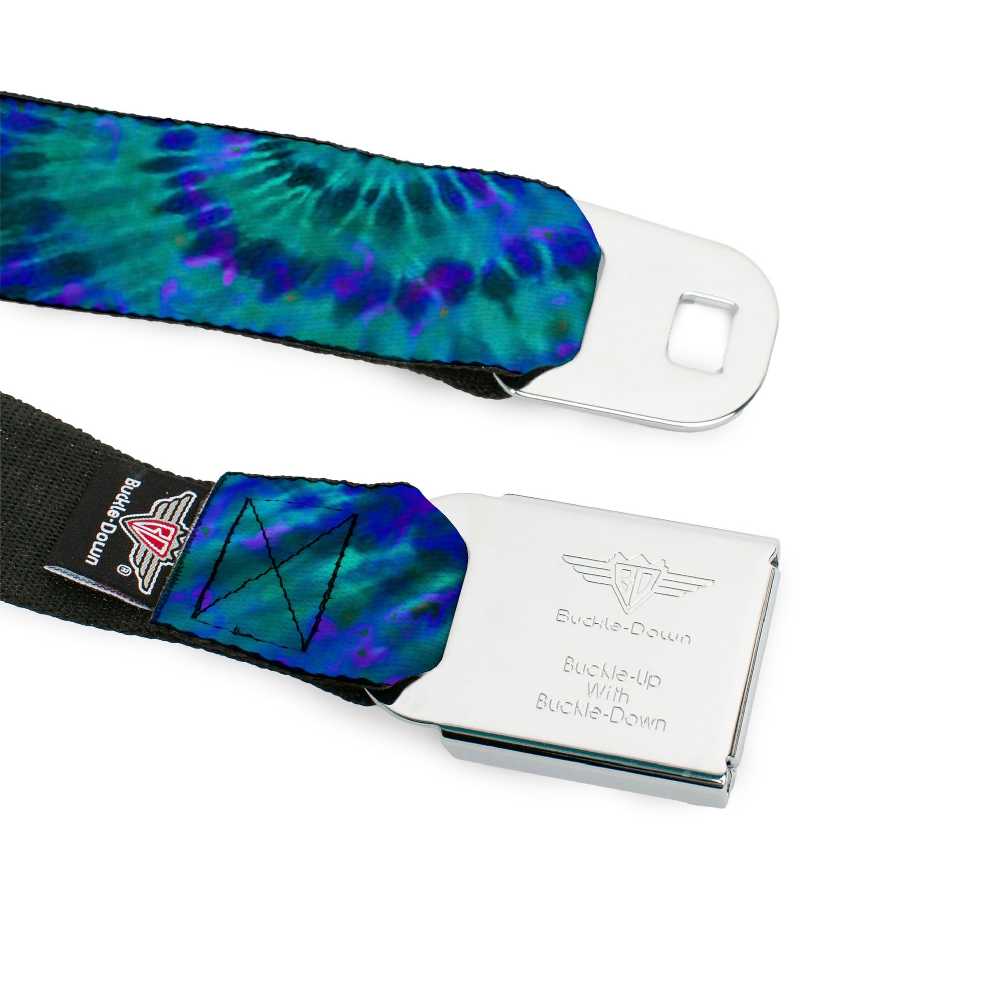 BD Wings Logo CLOSE-UP Full Color Black Silver Seatbelt Belt - Tie Dye Green/Blue/Purple Webbing Seatbelt Belts Buckle-Down