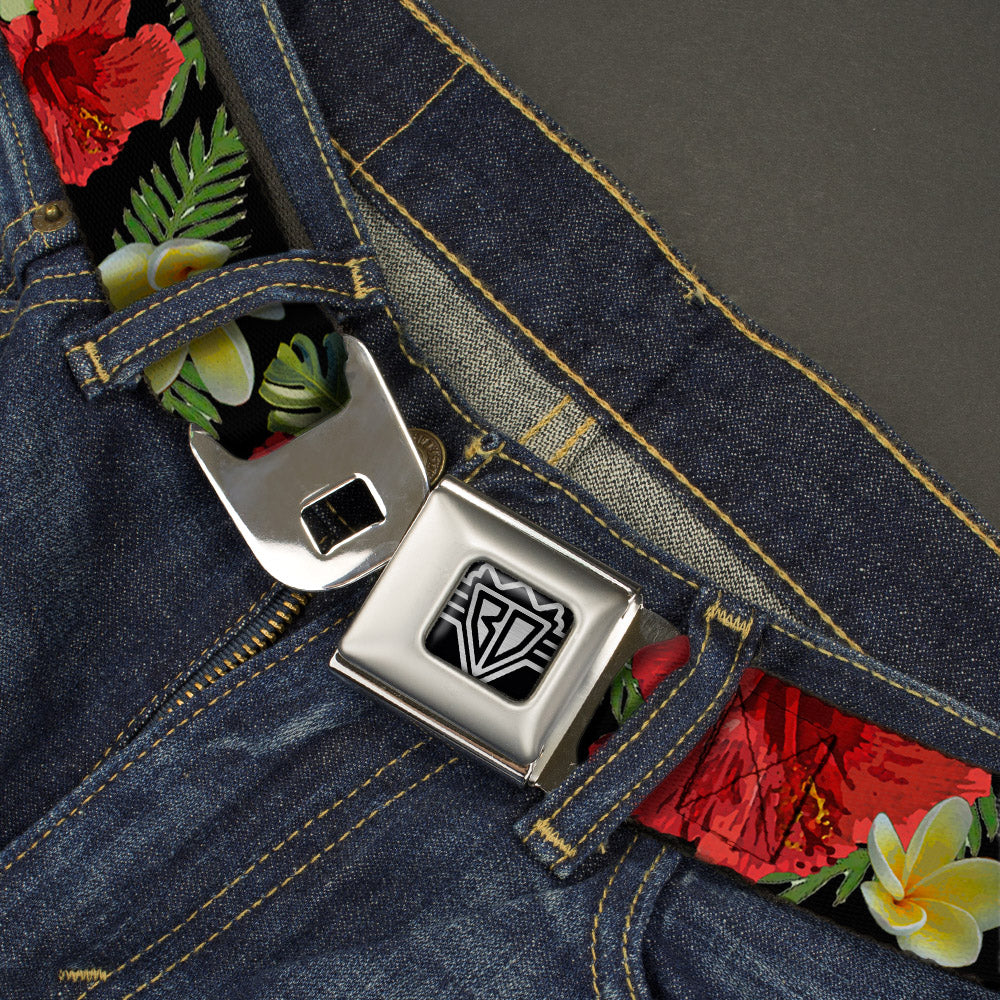 BD Wings Logo CLOSE-UP Full Color Black Silver Seatbelt Belt - Tropical Floral Collage Black/Red/Orange Webbing Seatbelt Belts Buckle-Down