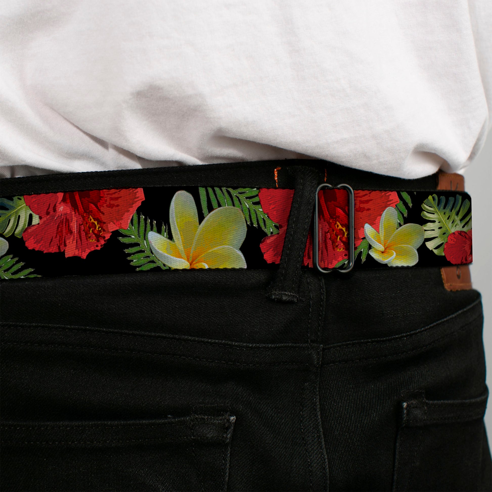 BD Wings Logo CLOSE-UP Full Color Black Silver Seatbelt Belt - Tropical Floral Collage Black/Red/Orange Webbing Seatbelt Belts Buckle-Down