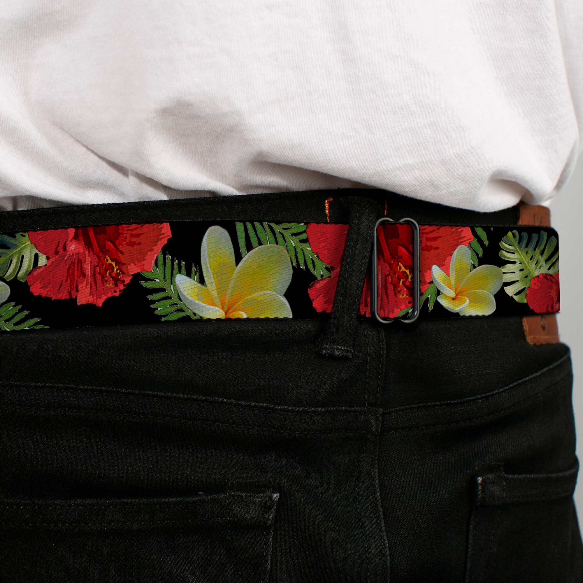 BD Wings Logo CLOSE-UP Full Color Black Silver Seatbelt Belt - Tropical Floral Collage Black/Red/Orange Webbing Seatbelt Belts Buckle-Down