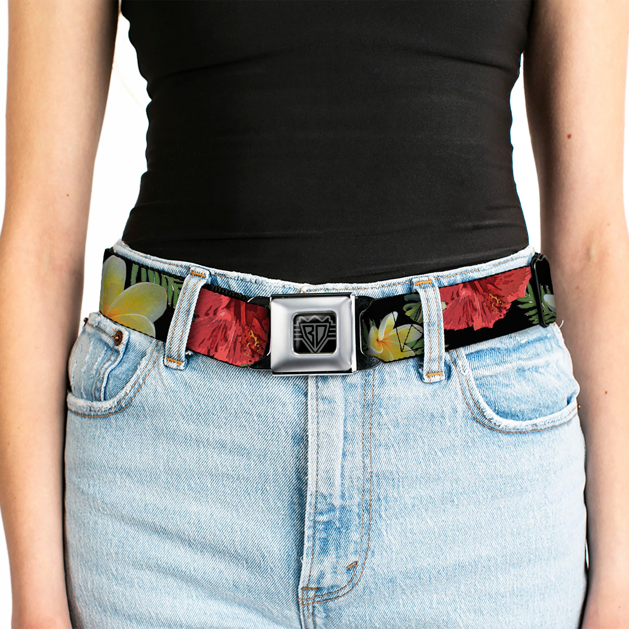BD Wings Logo CLOSE-UP Full Color Black Silver Seatbelt Belt - Tropical Floral Collage Black/Red/Orange Webbing Seatbelt Belts Buckle-Down
