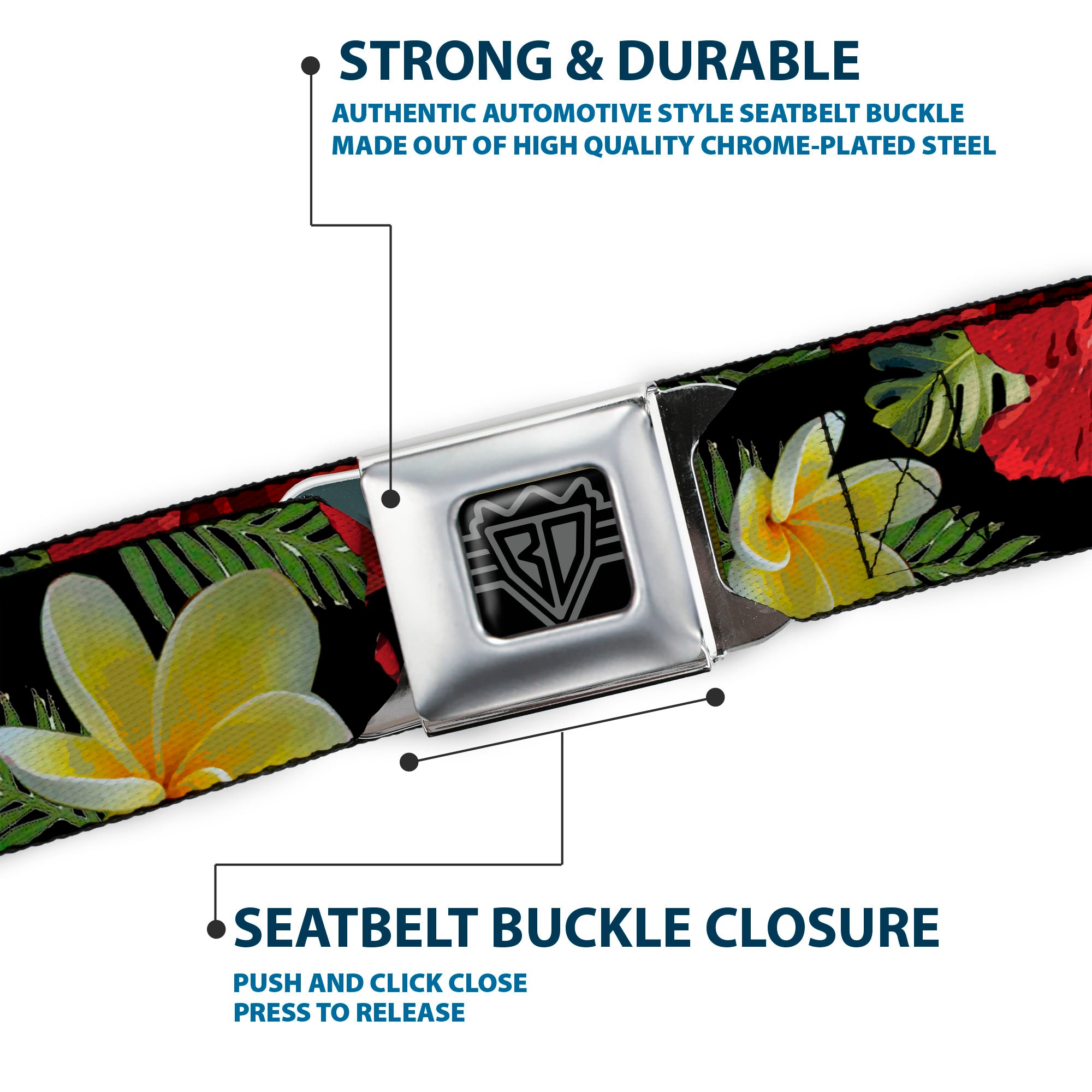 BD Wings Logo CLOSE-UP Full Color Black Silver Seatbelt Belt - Tropical Floral Collage Black/Red/Orange Webbing Seatbelt Belts Buckle-Down