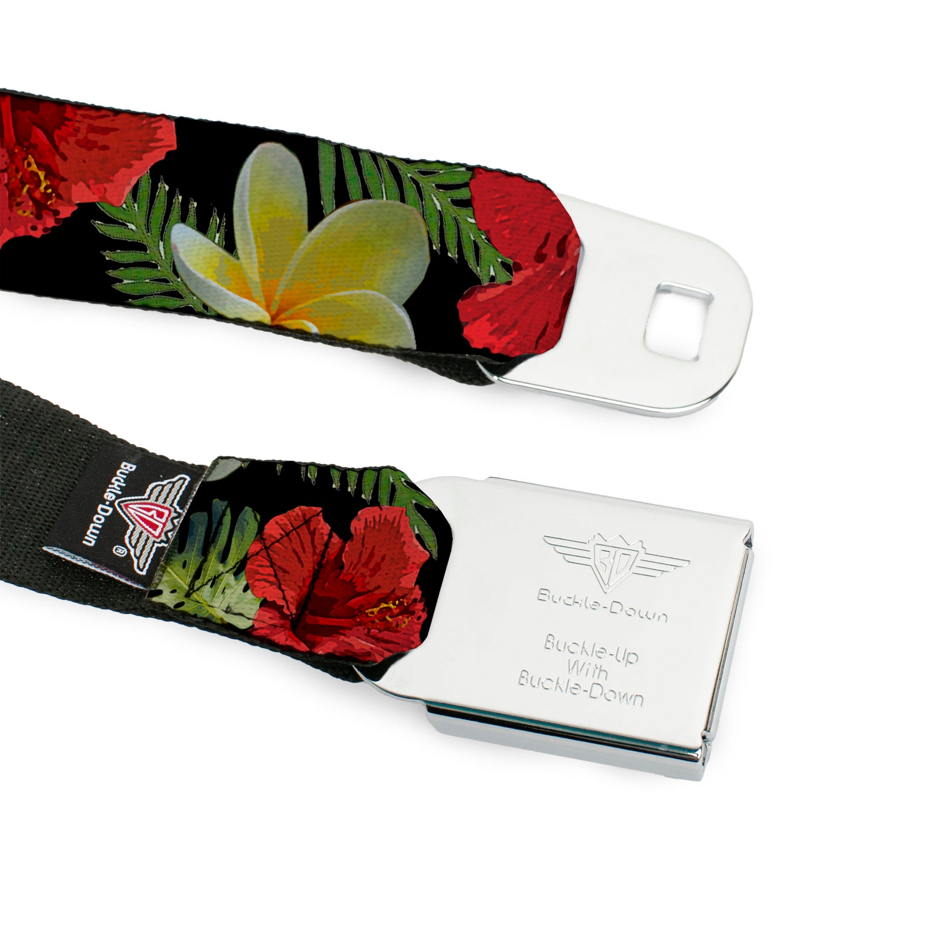 BD Wings Logo CLOSE-UP Full Color Black Silver Seatbelt Belt - Tropical Floral Collage Black/Red/Orange Webbing Seatbelt Belts Buckle-Down