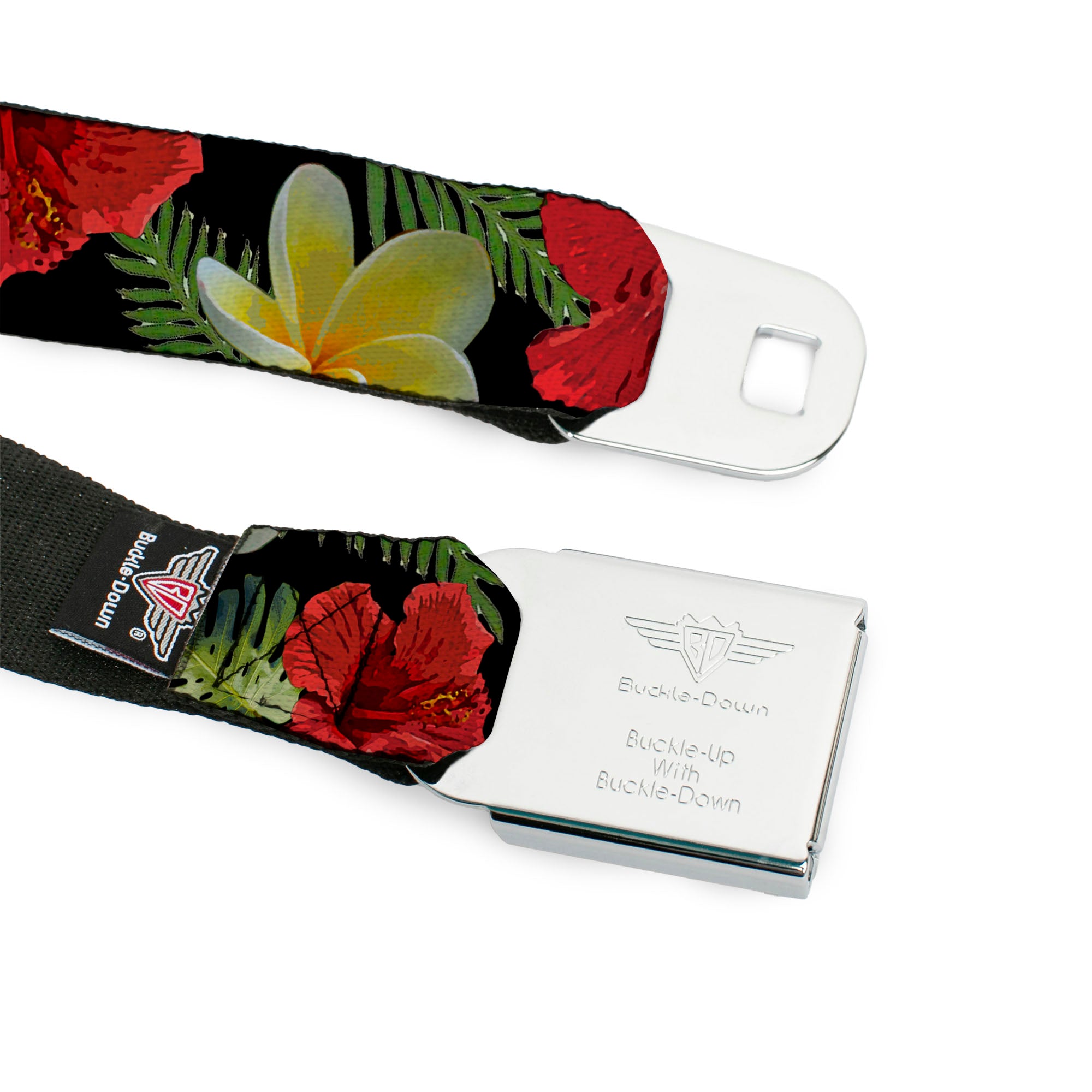 BD Wings Logo CLOSE-UP Full Color Black Silver Seatbelt Belt - Tropical Floral Collage Black/Red/Orange Webbing Seatbelt Belts Buckle-Down