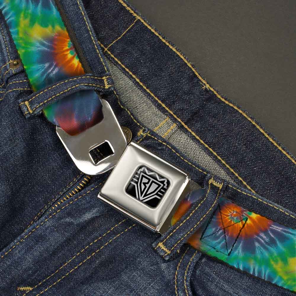 BD Wings Logo CLOSE-UP Full Color Black Silver Seatbelt Belt - Tie Dye Swirl Multi Color Webbing Seatbelt Belts Buckle-Down