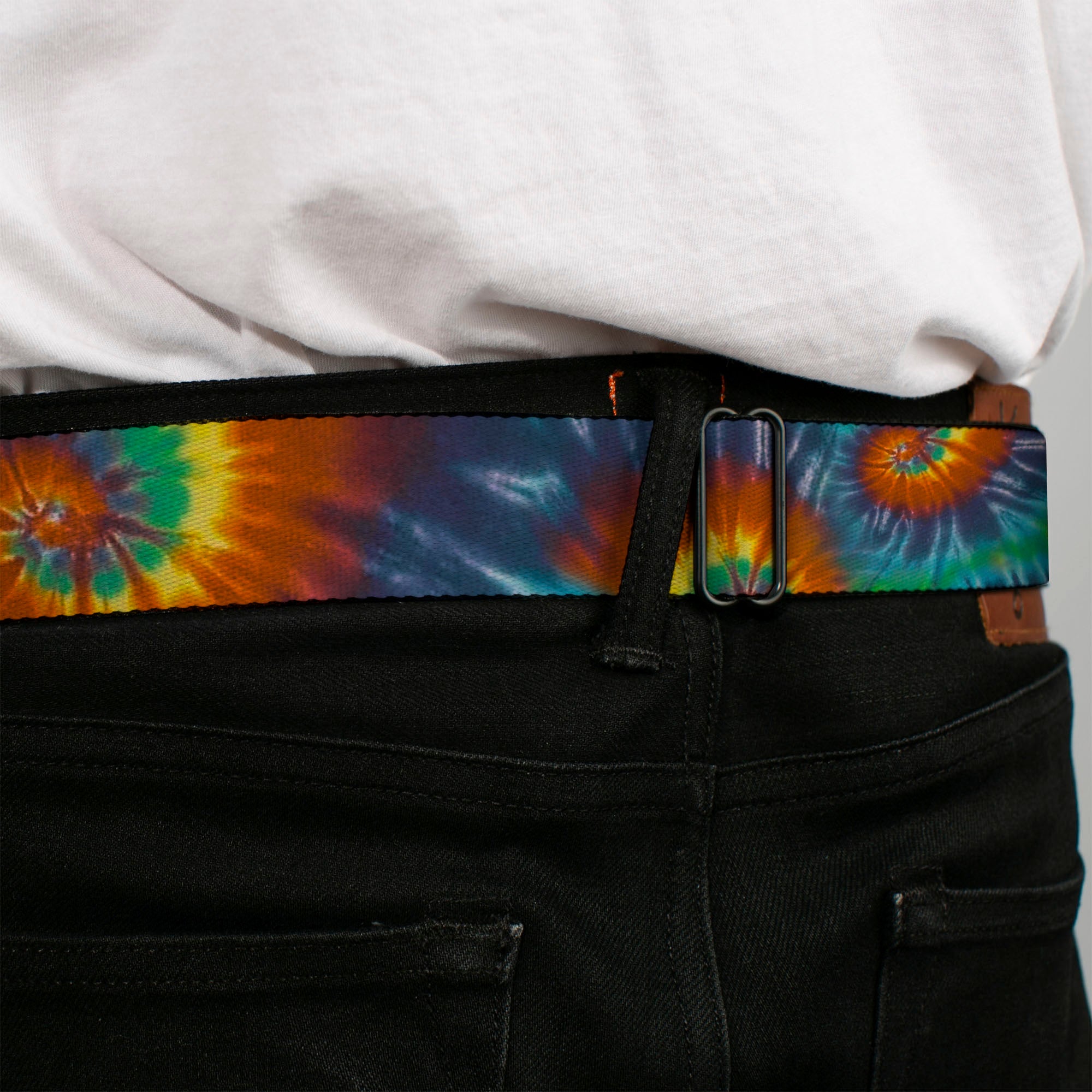 BD Wings Logo CLOSE-UP Full Color Black Silver Seatbelt Belt - Tie Dye Swirl Multi Color Webbing Seatbelt Belts Buckle-Down