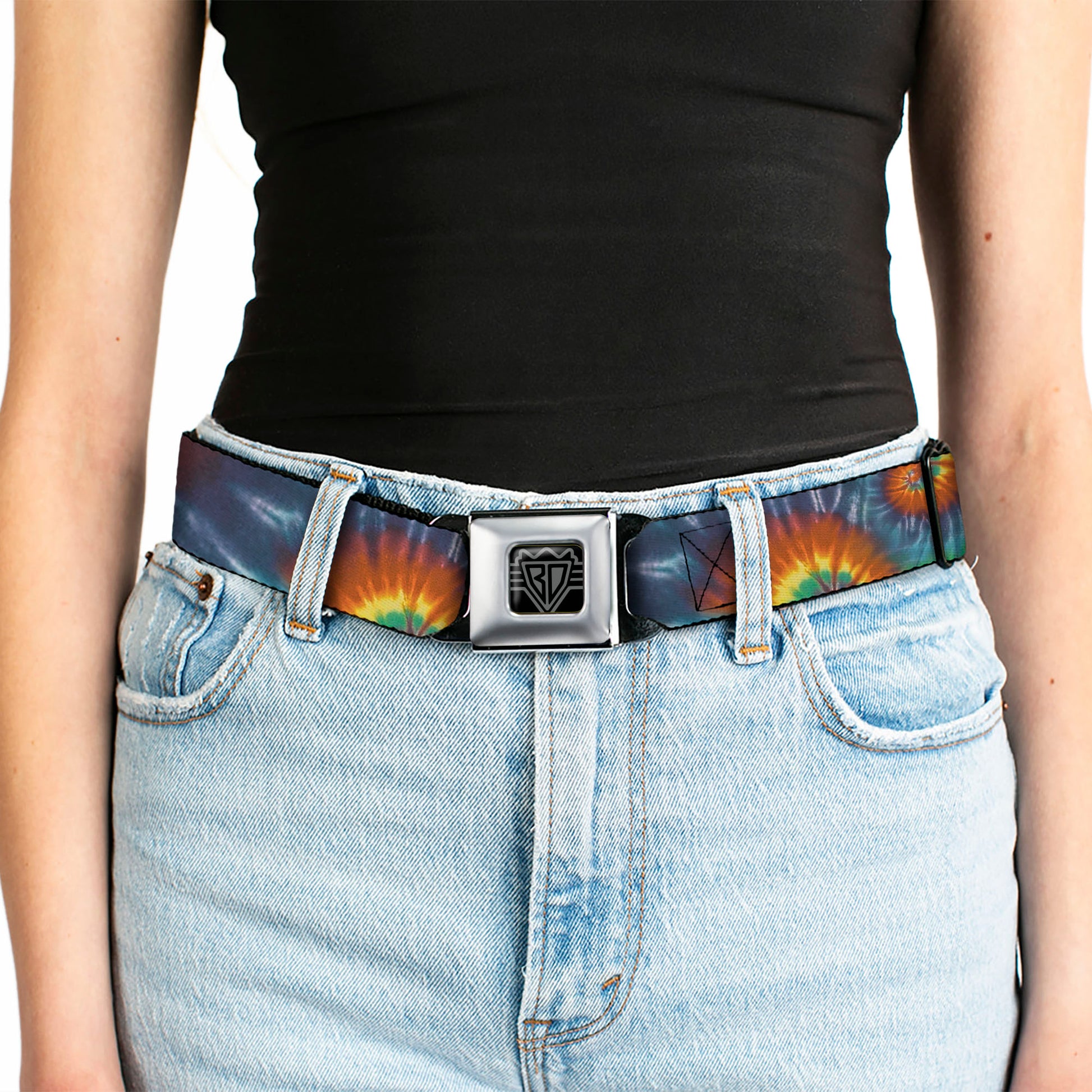 BD Wings Logo CLOSE-UP Full Color Black Silver Seatbelt Belt - Tie Dye Swirl Multi Color Webbing Seatbelt Belts Buckle-Down