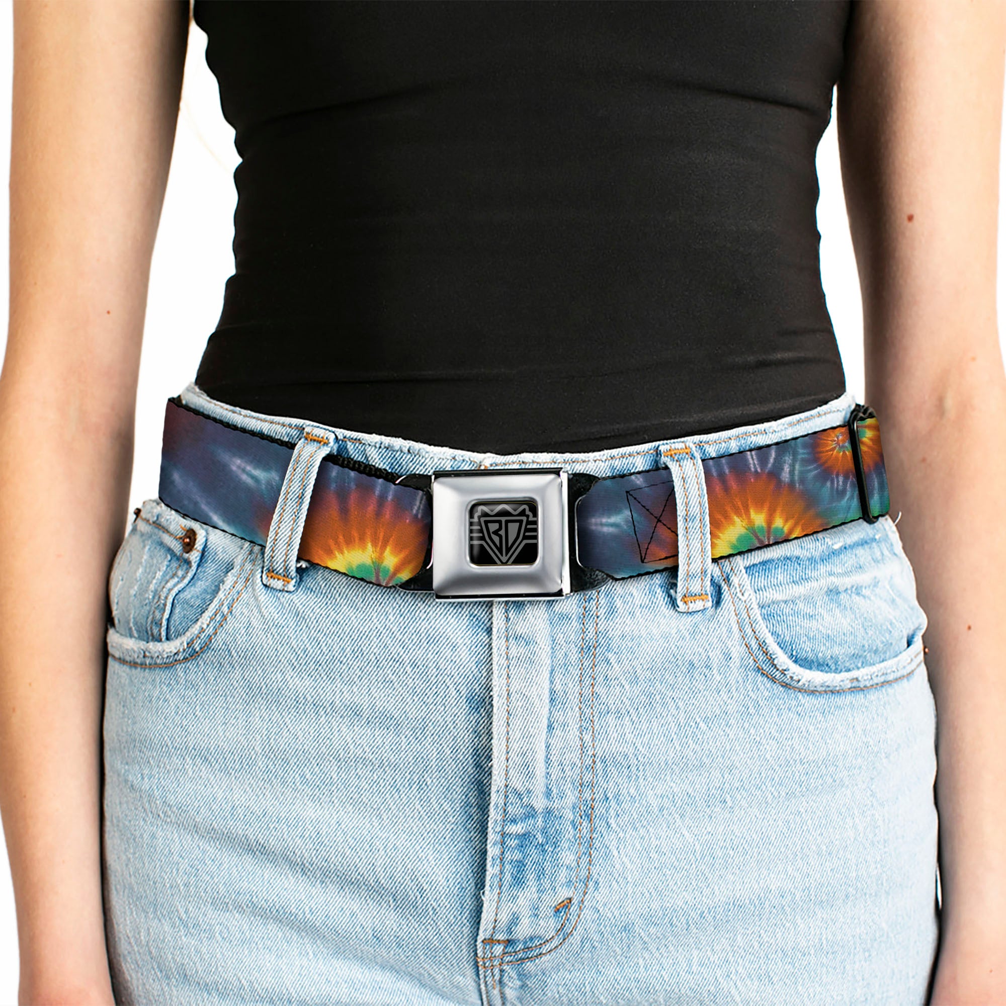 BD Wings Logo CLOSE-UP Full Color Black Silver Seatbelt Belt - Tie Dye Swirl Multi Color Webbing Seatbelt Belts Buckle-Down