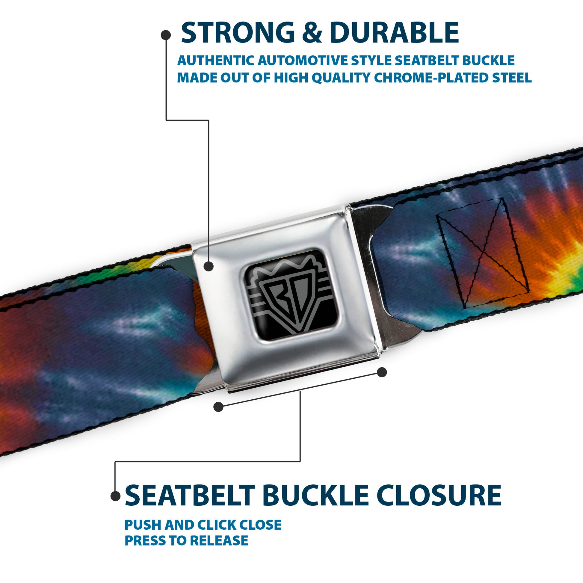 BD Wings Logo CLOSE-UP Full Color Black Silver Seatbelt Belt - Tie Dye Swirl Multi Color Webbing Seatbelt Belts Buckle-Down