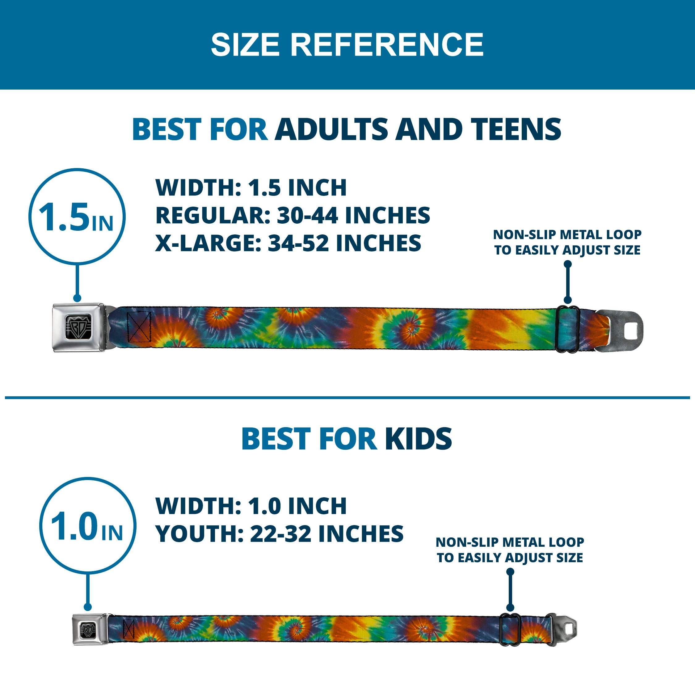 BD Wings Logo CLOSE-UP Full Color Black Silver Seatbelt Belt - Tie Dye Swirl Multi Color Webbing Seatbelt Belts Buckle-Down