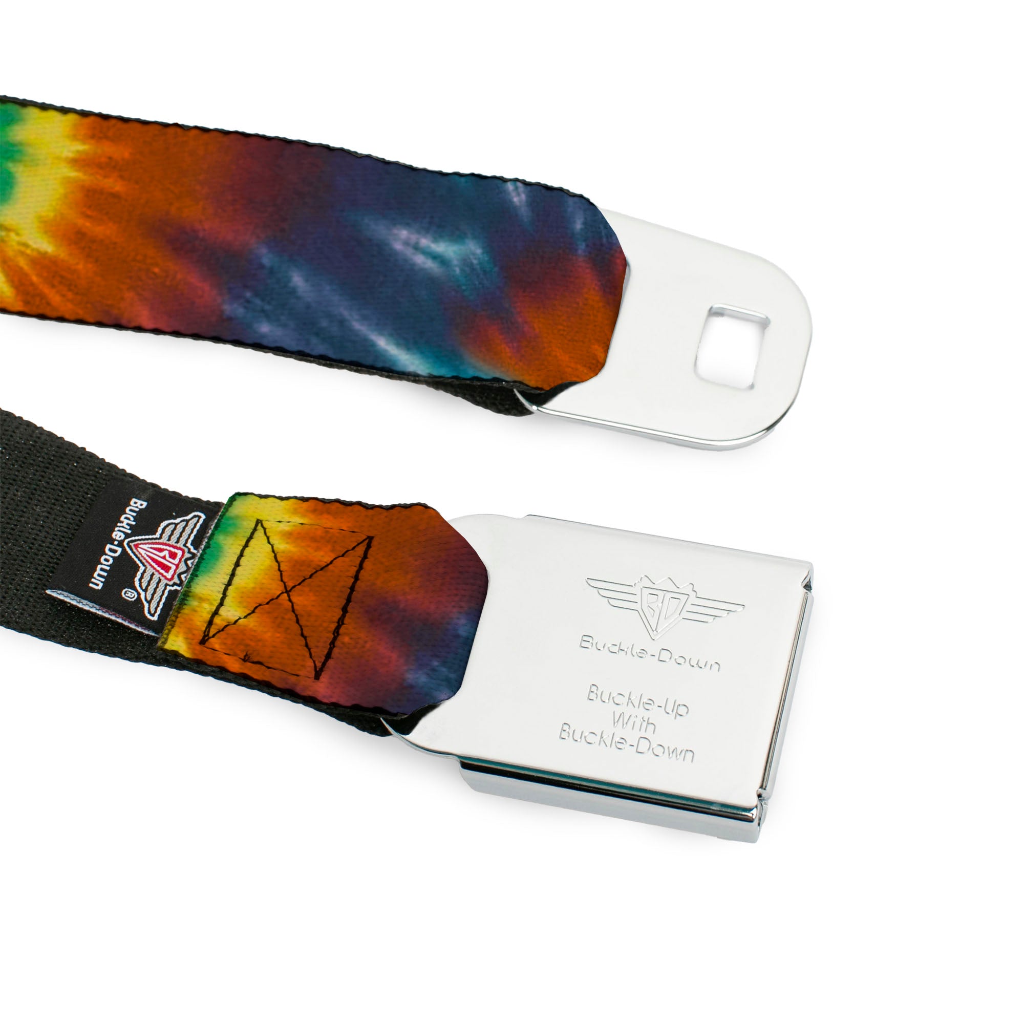 BD Wings Logo CLOSE-UP Full Color Black Silver Seatbelt Belt - Tie Dye Swirl Multi Color Webbing Seatbelt Belts Buckle-Down