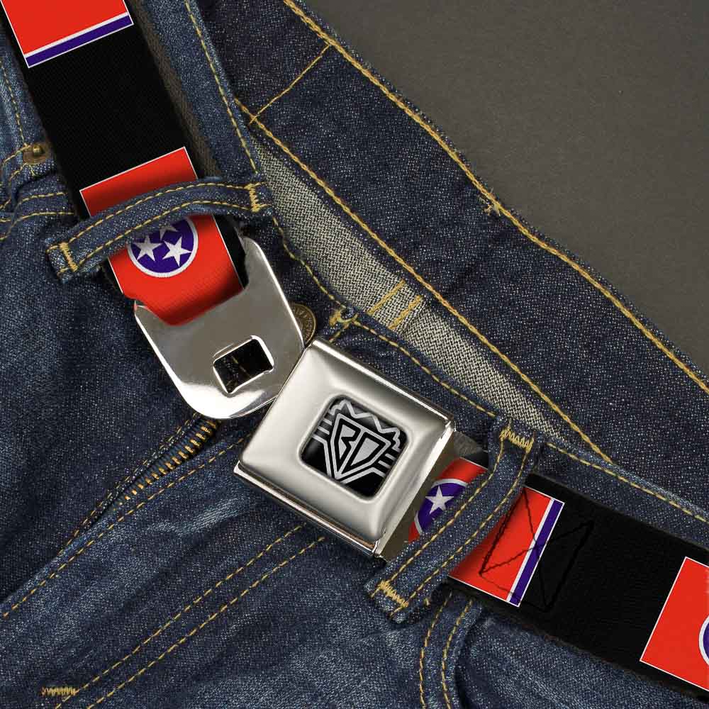 BD Wings Logo CLOSE-UP Full Color Black Silver Seatbelt Belt - Tennessee Flags/Black Webbing Seatbelt Belts Buckle-Down