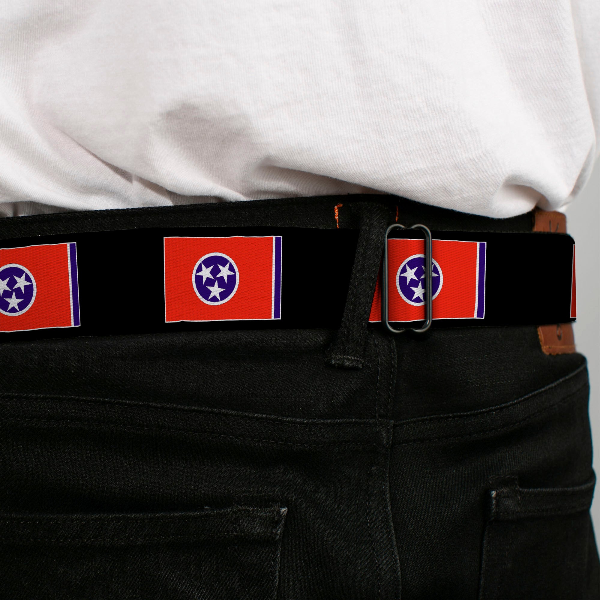 BD Wings Logo CLOSE-UP Full Color Black Silver Seatbelt Belt - Tennessee Flags/Black Webbing Seatbelt Belts Buckle-Down