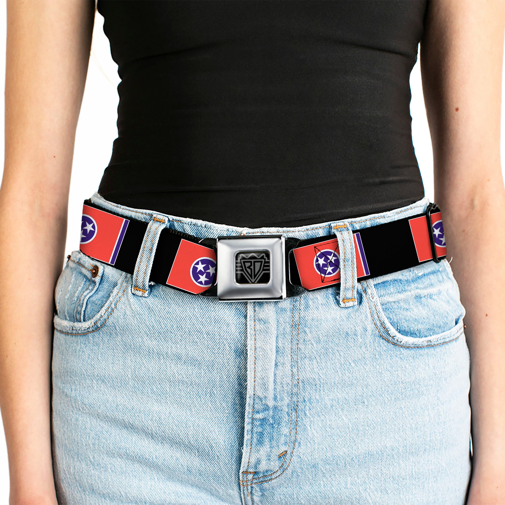BD Wings Logo CLOSE-UP Full Color Black Silver Seatbelt Belt - Tennessee Flags/Black Webbing Seatbelt Belts Buckle-Down