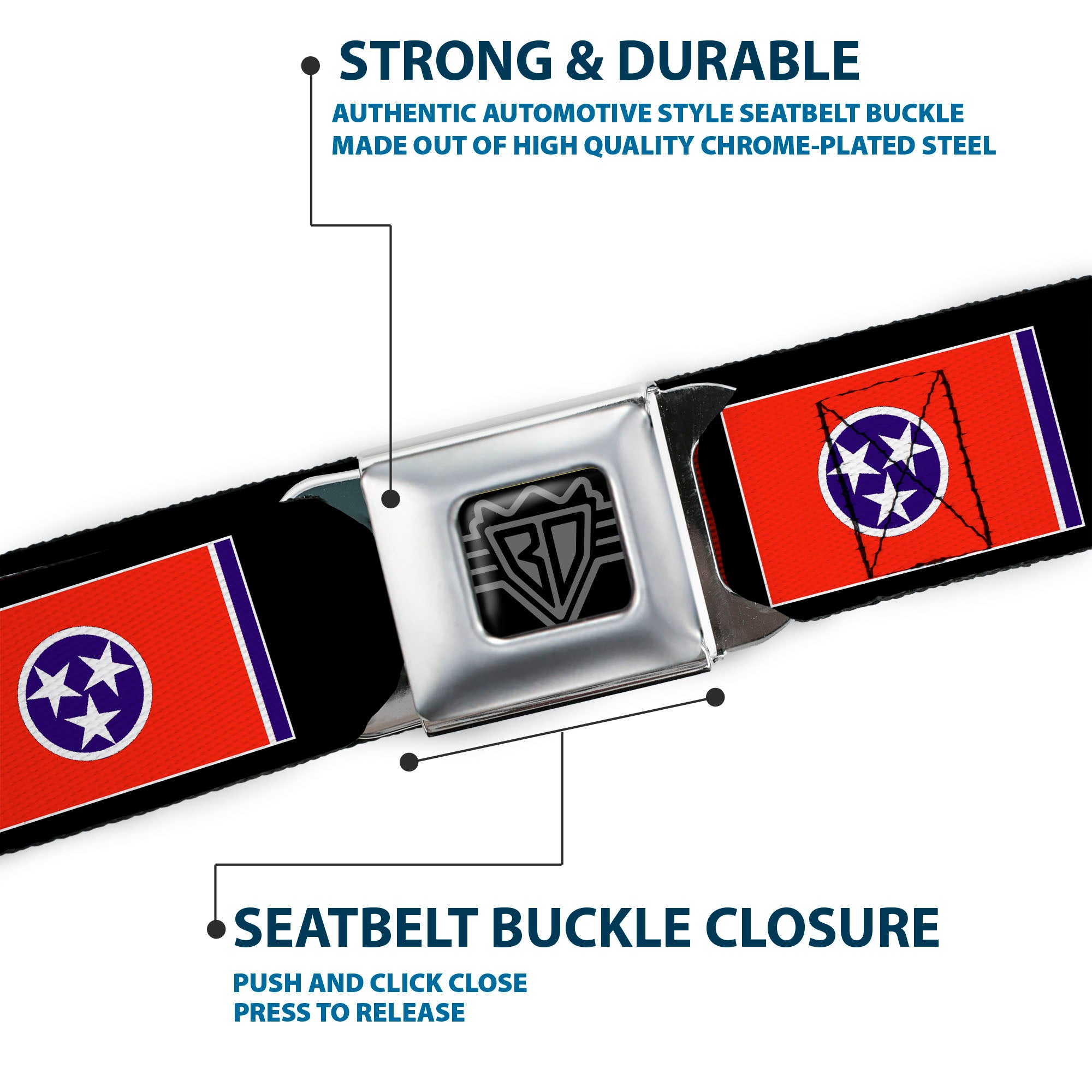 BD Wings Logo CLOSE-UP Full Color Black Silver Seatbelt Belt - Tennessee Flags/Black Webbing Seatbelt Belts Buckle-Down