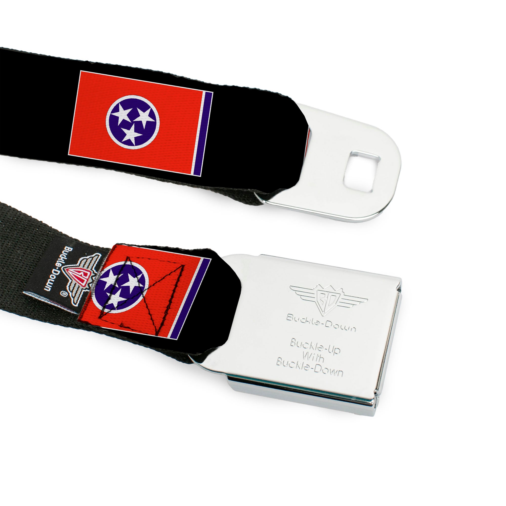 BD Wings Logo CLOSE-UP Full Color Black Silver Seatbelt Belt - Tennessee Flags/Black Webbing Seatbelt Belts Buckle-Down