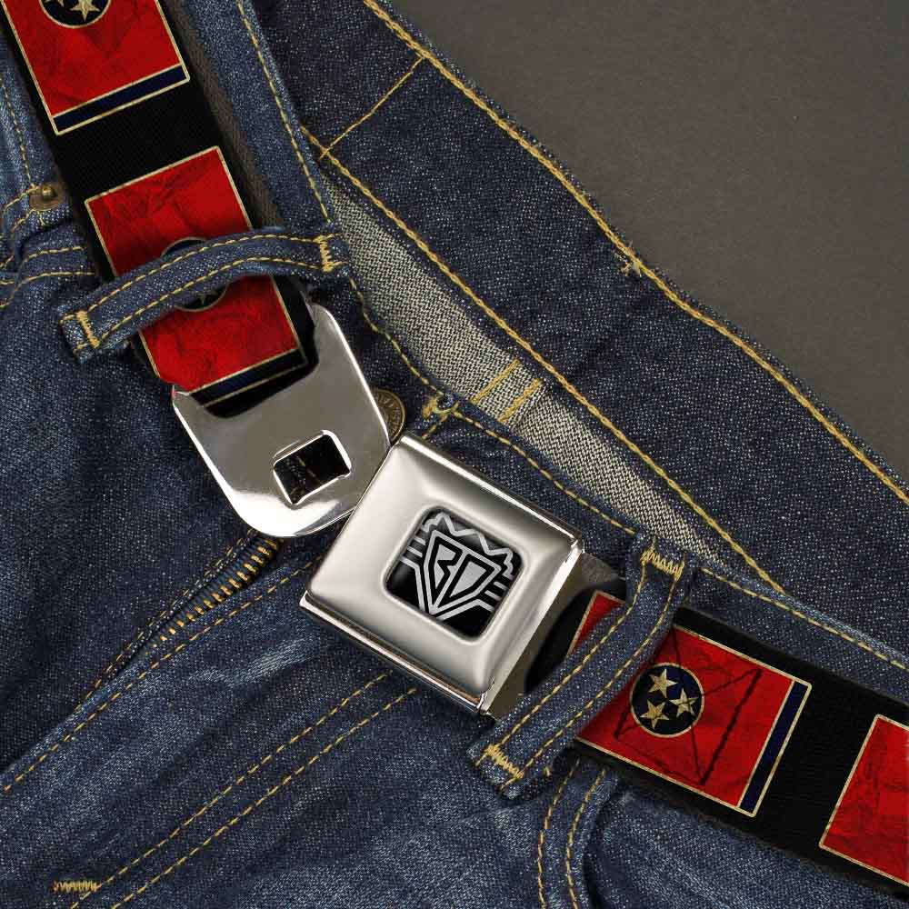 BD Wings Logo CLOSE-UP Full Color Black Silver Seatbelt Belt - Tennessee Flag/Black Distressed Webbing Seatbelt Belts Buckle-Down