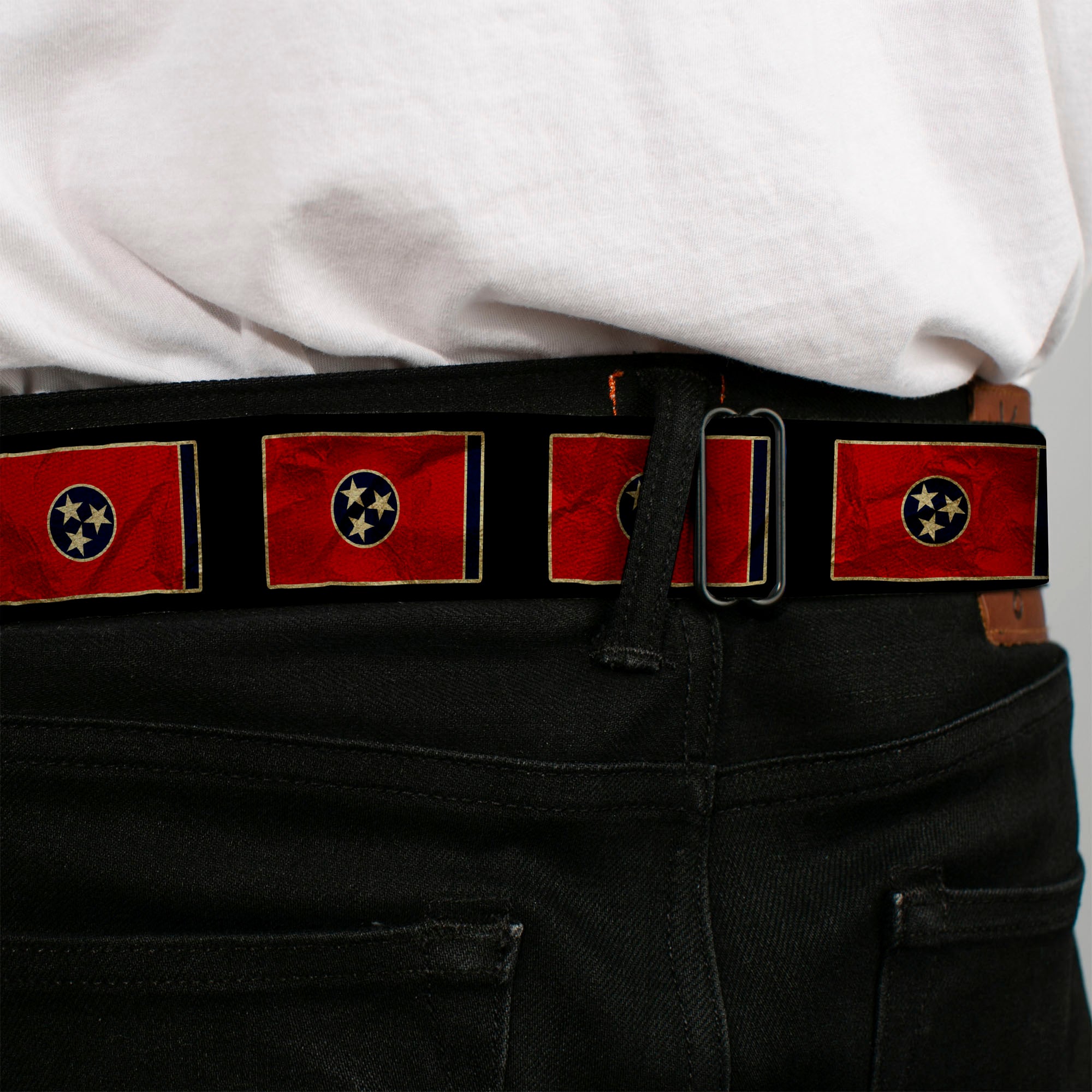 BD Wings Logo CLOSE-UP Full Color Black Silver Seatbelt Belt - Tennessee Flag/Black Distressed Webbing Seatbelt Belts Buckle-Down