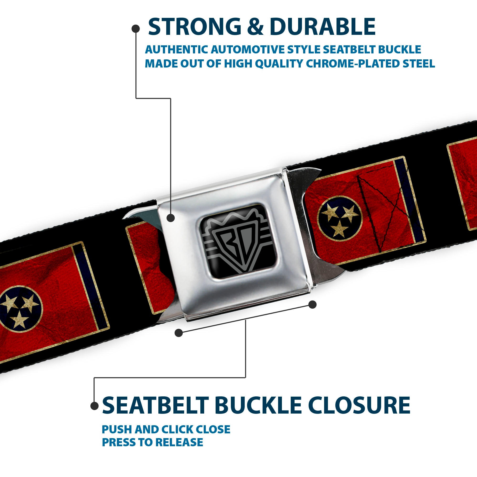 BD Wings Logo CLOSE-UP Full Color Black Silver Seatbelt Belt - Tennessee Flag/Black Distressed Webbing Seatbelt Belts Buckle-Down