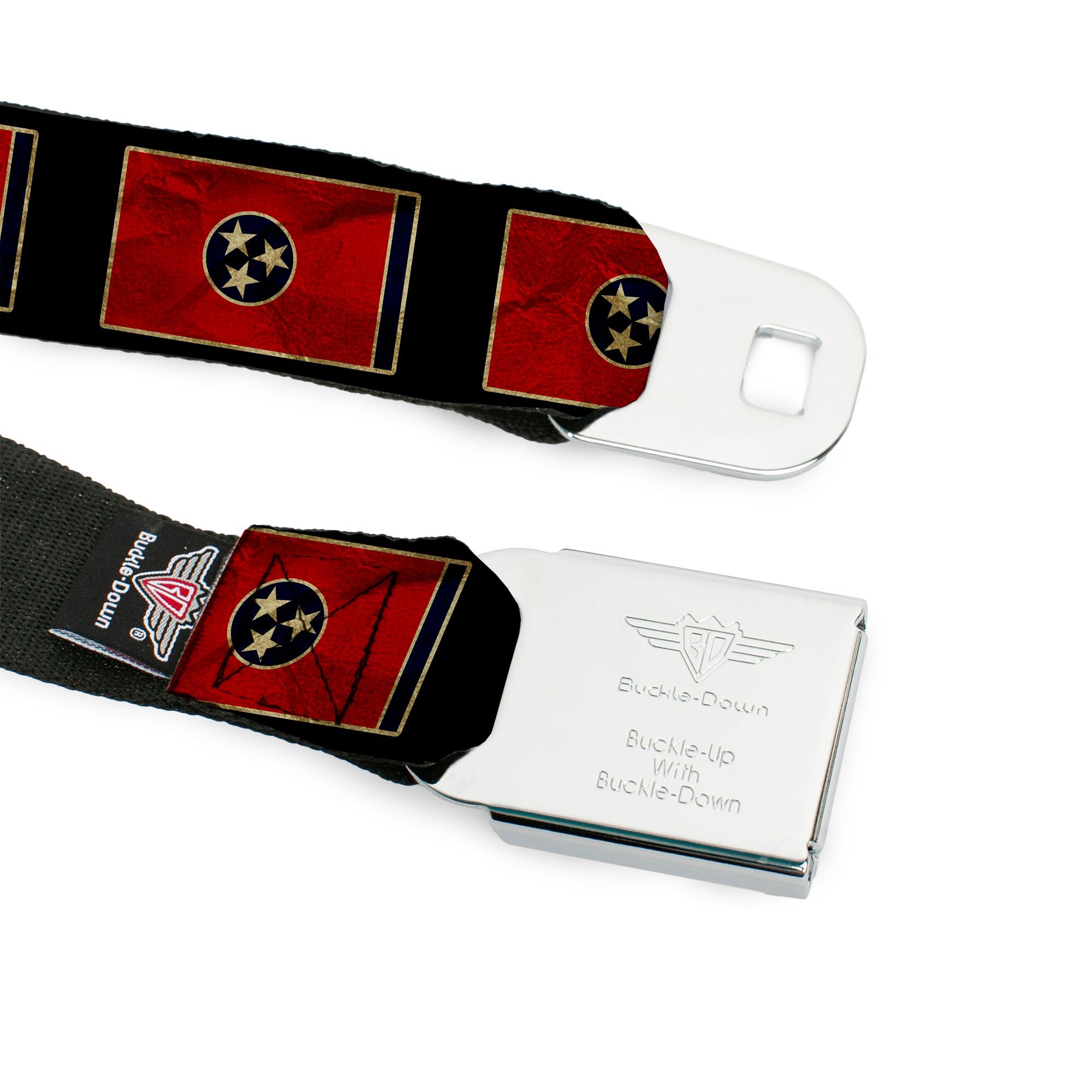 BD Wings Logo CLOSE-UP Full Color Black Silver Seatbelt Belt - Tennessee Flag/Black Distressed Webbing Seatbelt Belts Buckle-Down