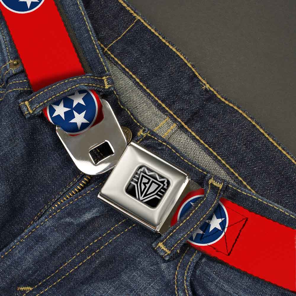 BD Wings Logo CLOSE-UP Full Color Black Silver Seatbelt Belt - Tennessee Flag Stars Red/White/Blue Webbing Seatbelt Belts Buckle-Down