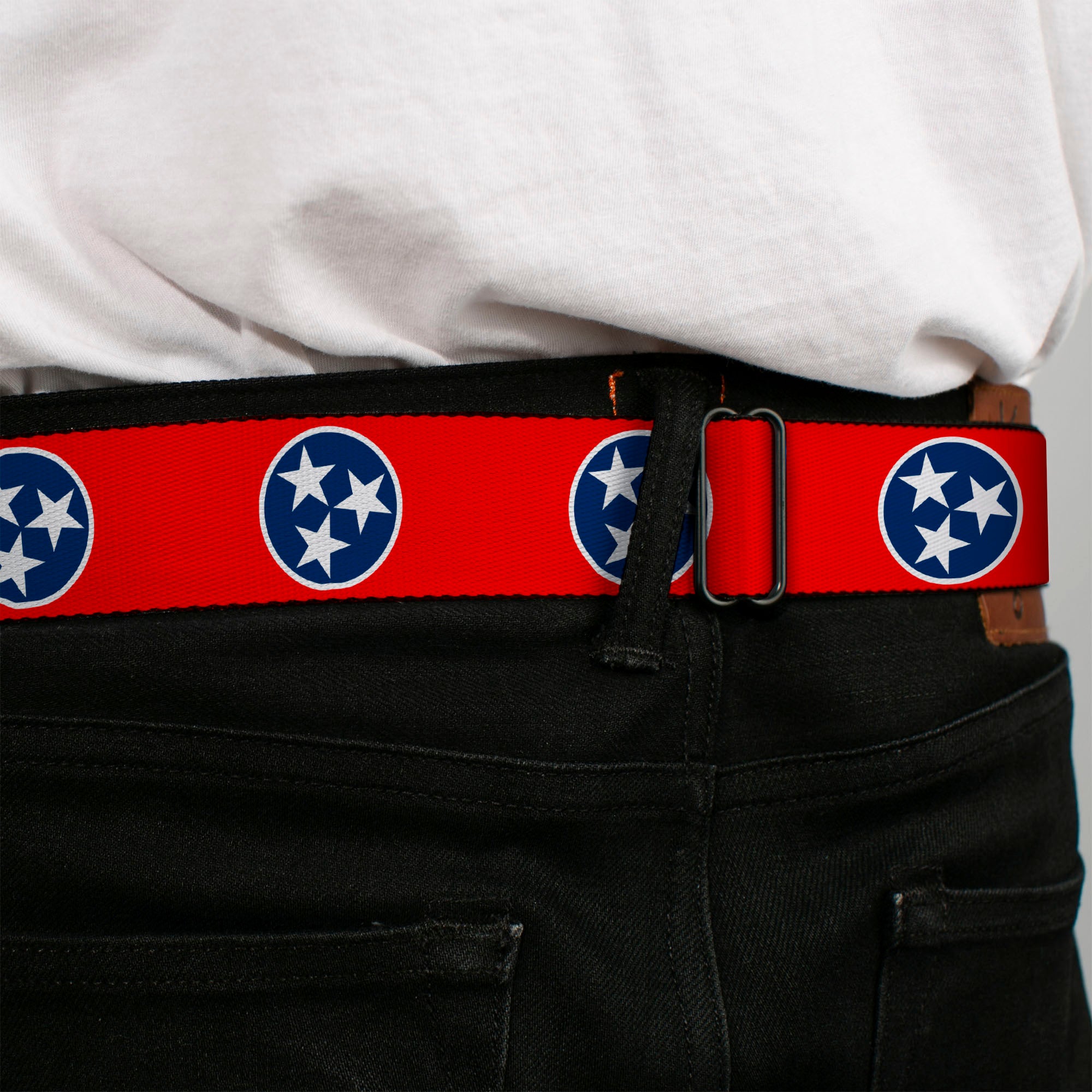 BD Wings Logo CLOSE-UP Full Color Black Silver Seatbelt Belt - Tennessee Flag Stars Red/White/Blue Webbing Seatbelt Belts Buckle-Down