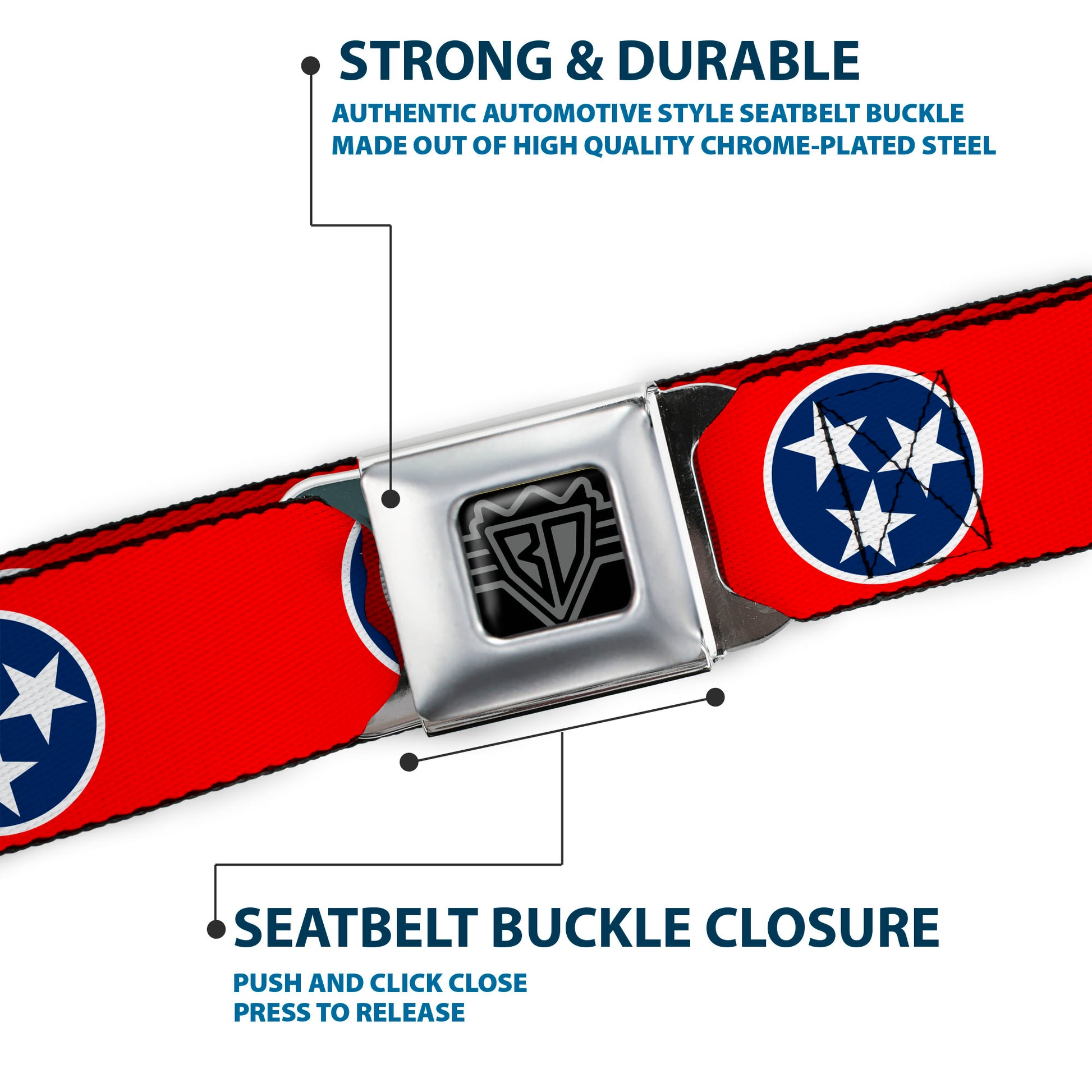 BD Wings Logo CLOSE-UP Full Color Black Silver Seatbelt Belt - Tennessee Flag Stars Red/White/Blue Webbing Seatbelt Belts Buckle-Down