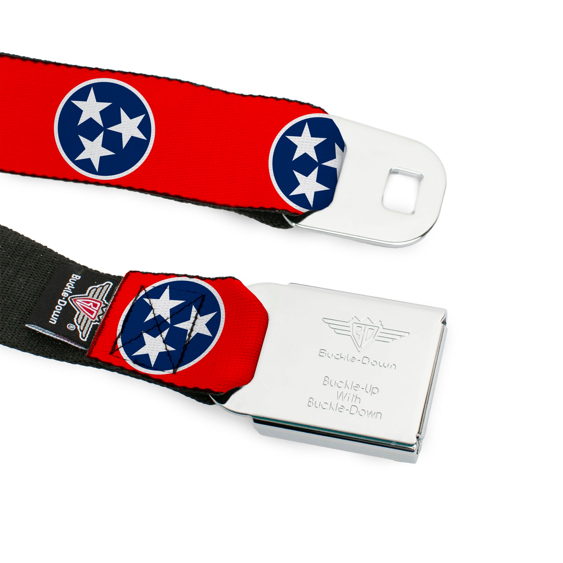 BD Wings Logo CLOSE-UP Full Color Black Silver Seatbelt Belt - Tennessee Flag Stars Red/White/Blue Webbing Seatbelt Belts Buckle-Down