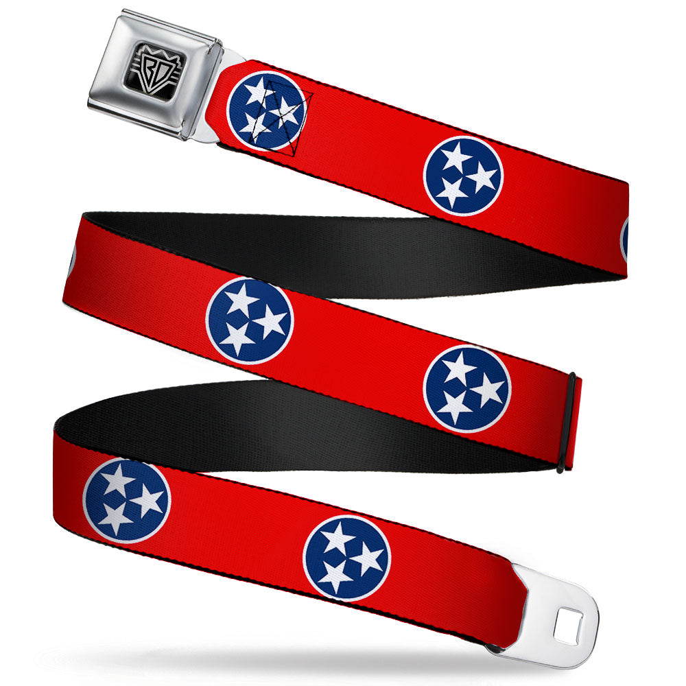 BD Wings Logo CLOSE-UP Full Color Black Silver Seatbelt Belt - Tennessee Flag Stars Red/White/Blue Webbing Seatbelt Belts Buckle-Down
