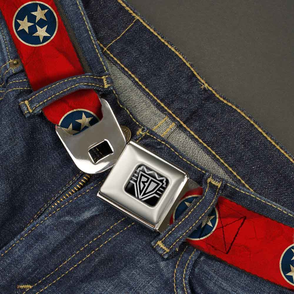 BD Wings Logo CLOSE-UP Full Color Black Silver Seatbelt Belt - Tennessee Flag Stars CLOSE-UP Distressed Webbing Seatbelt Belts Buckle-Down