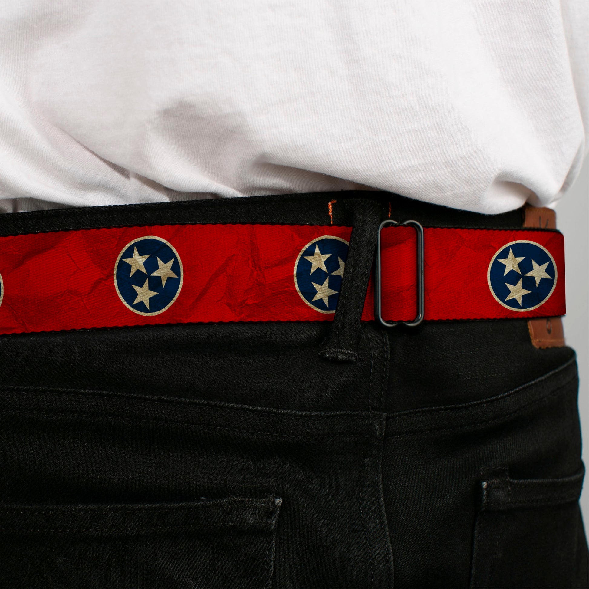 BD Wings Logo CLOSE-UP Full Color Black Silver Seatbelt Belt - Tennessee Flag Stars CLOSE-UP Distressed Webbing Seatbelt Belts Buckle-Down