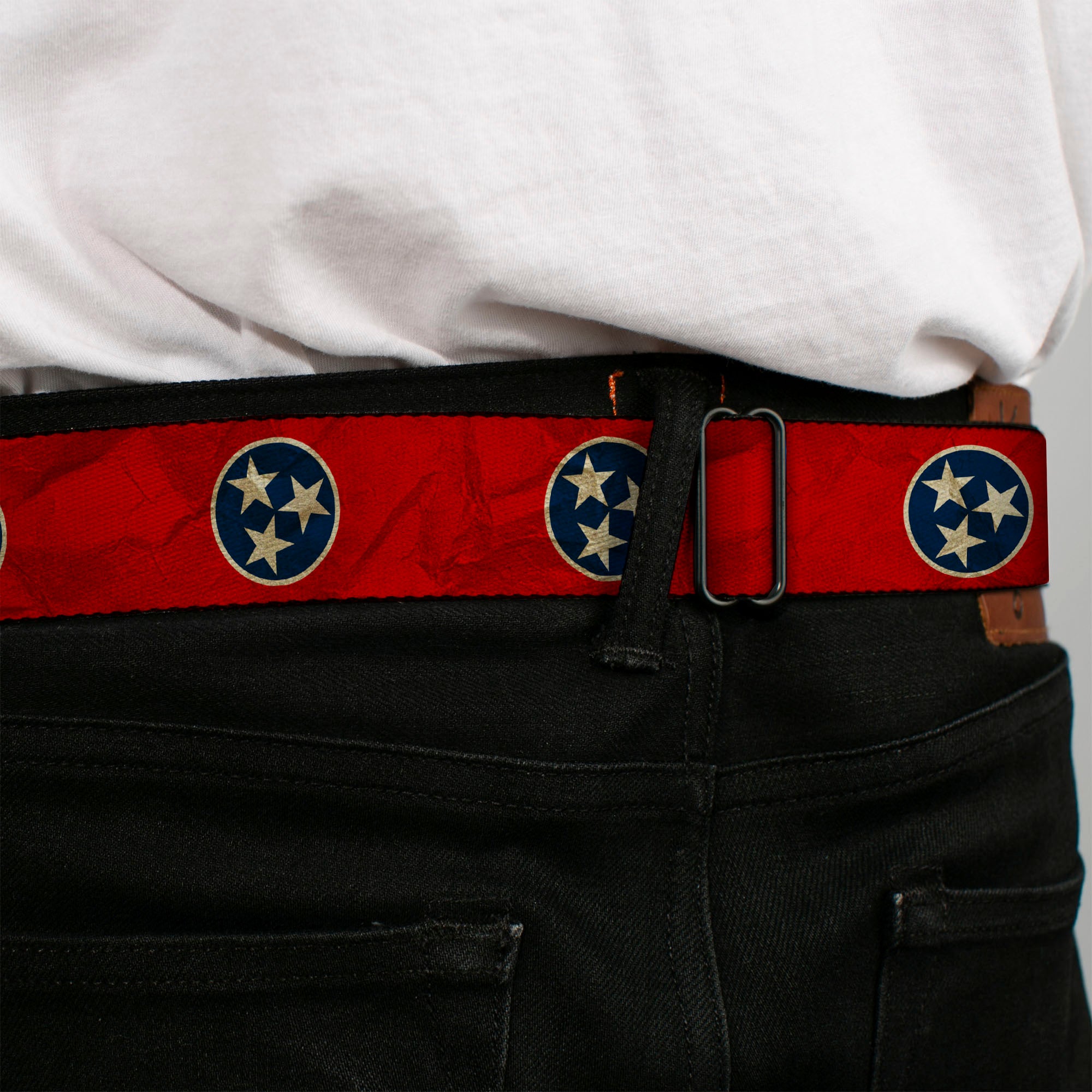 BD Wings Logo CLOSE-UP Full Color Black Silver Seatbelt Belt - Tennessee Flag Stars CLOSE-UP Distressed Webbing Seatbelt Belts Buckle-Down