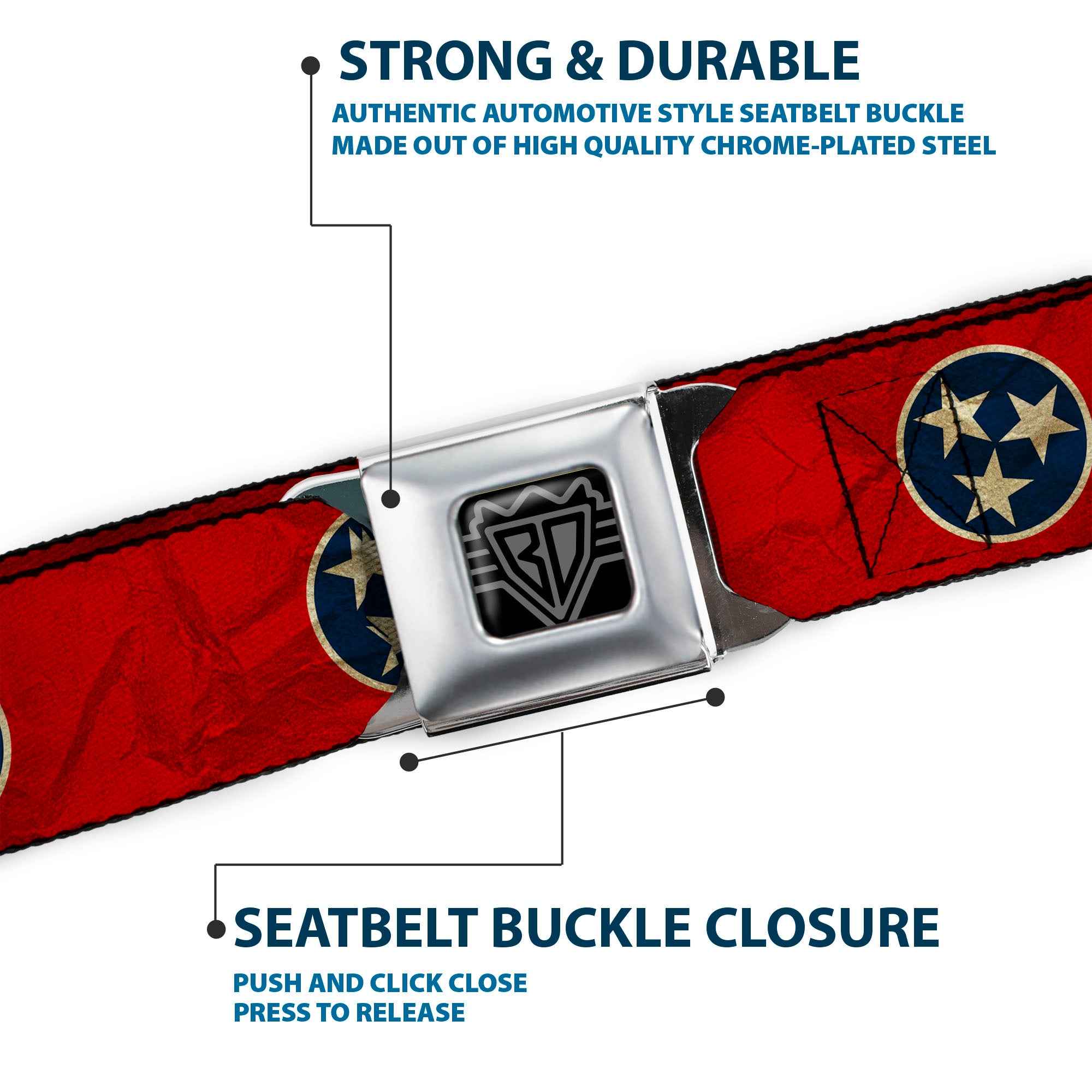 BD Wings Logo CLOSE-UP Full Color Black Silver Seatbelt Belt - Tennessee Flag Stars CLOSE-UP Distressed Webbing Seatbelt Belts Buckle-Down