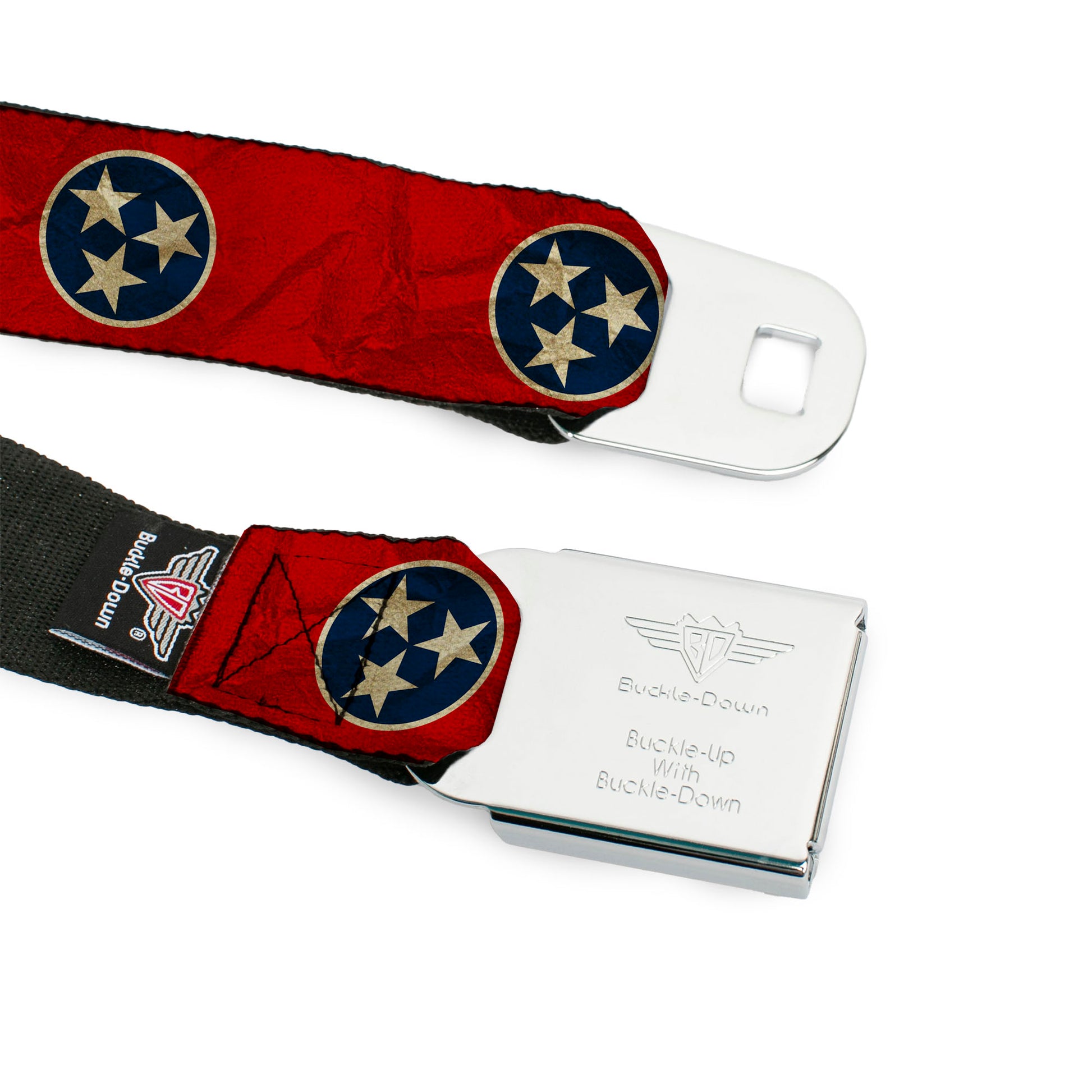 BD Wings Logo CLOSE-UP Full Color Black Silver Seatbelt Belt - Tennessee Flag Stars CLOSE-UP Distressed Webbing Seatbelt Belts Buckle-Down