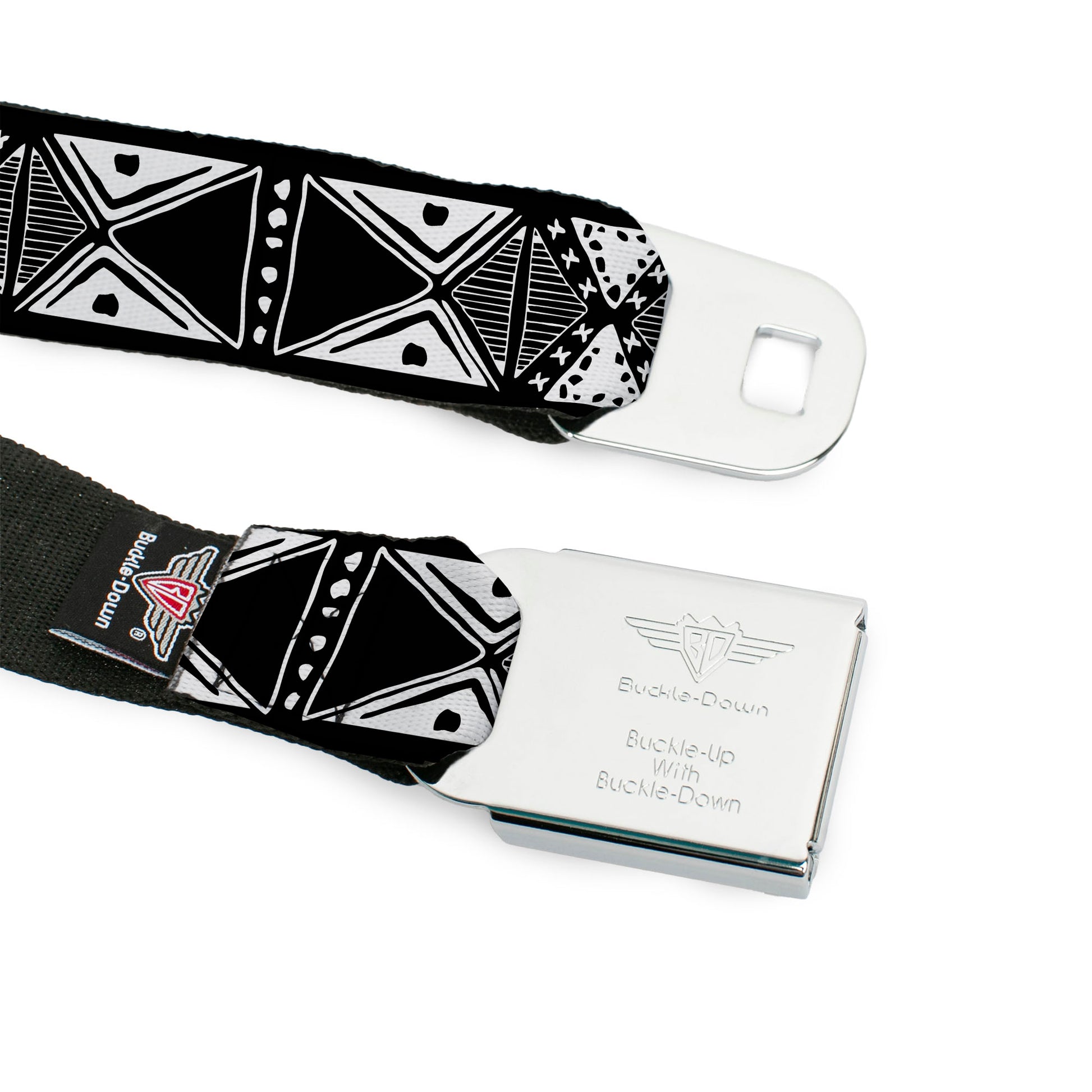 BD Wings Logo CLOSE-UP Full Color Black Silver Seatbelt Belt - Tribal1 Black/White Webbing Seatbelt Belts Buckle-Down