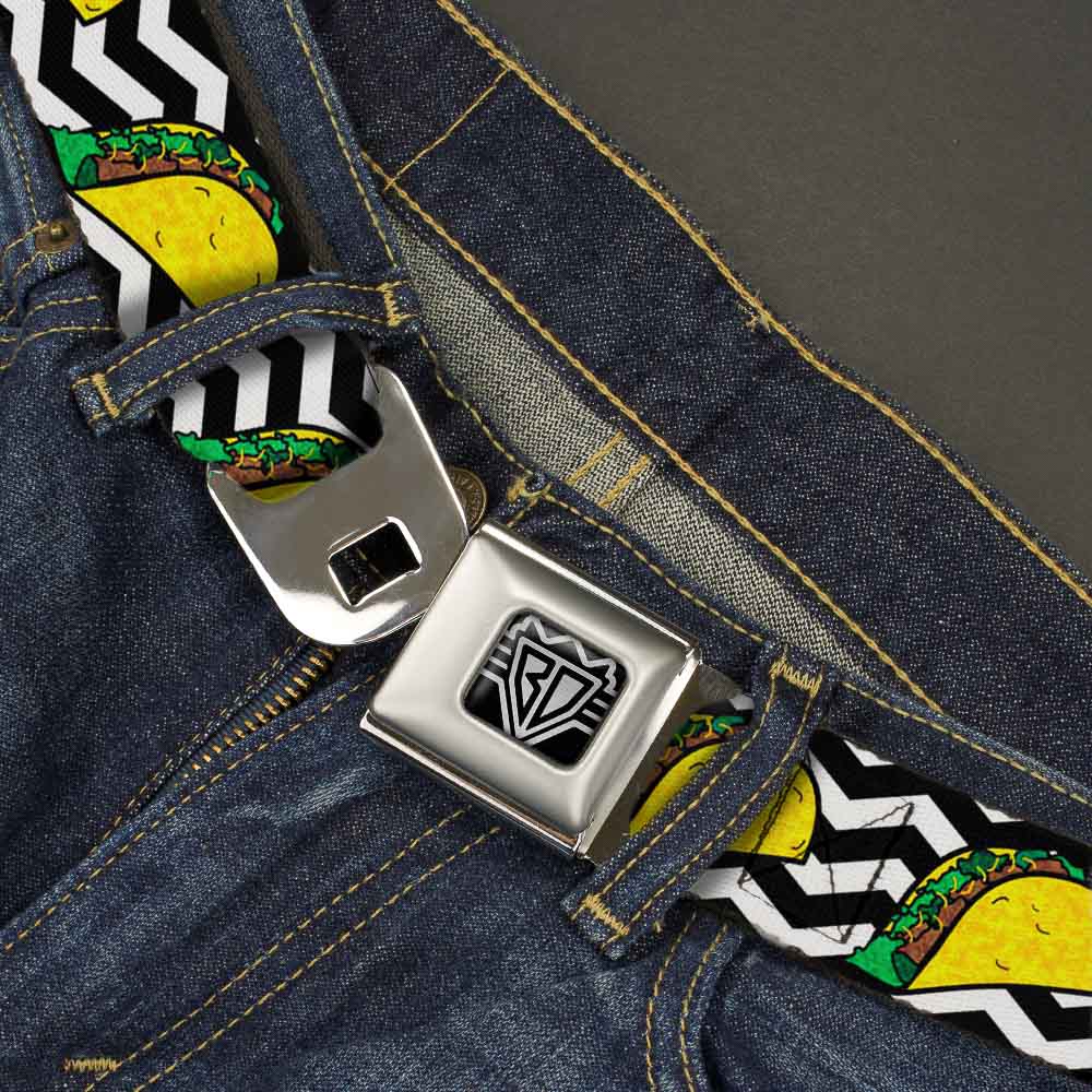 BD Wings Logo CLOSE-UP Full Color Black Silver Seatbelt Belt - Taco/Chevron Black/White Webbing Seatbelt Belts Buckle-Down